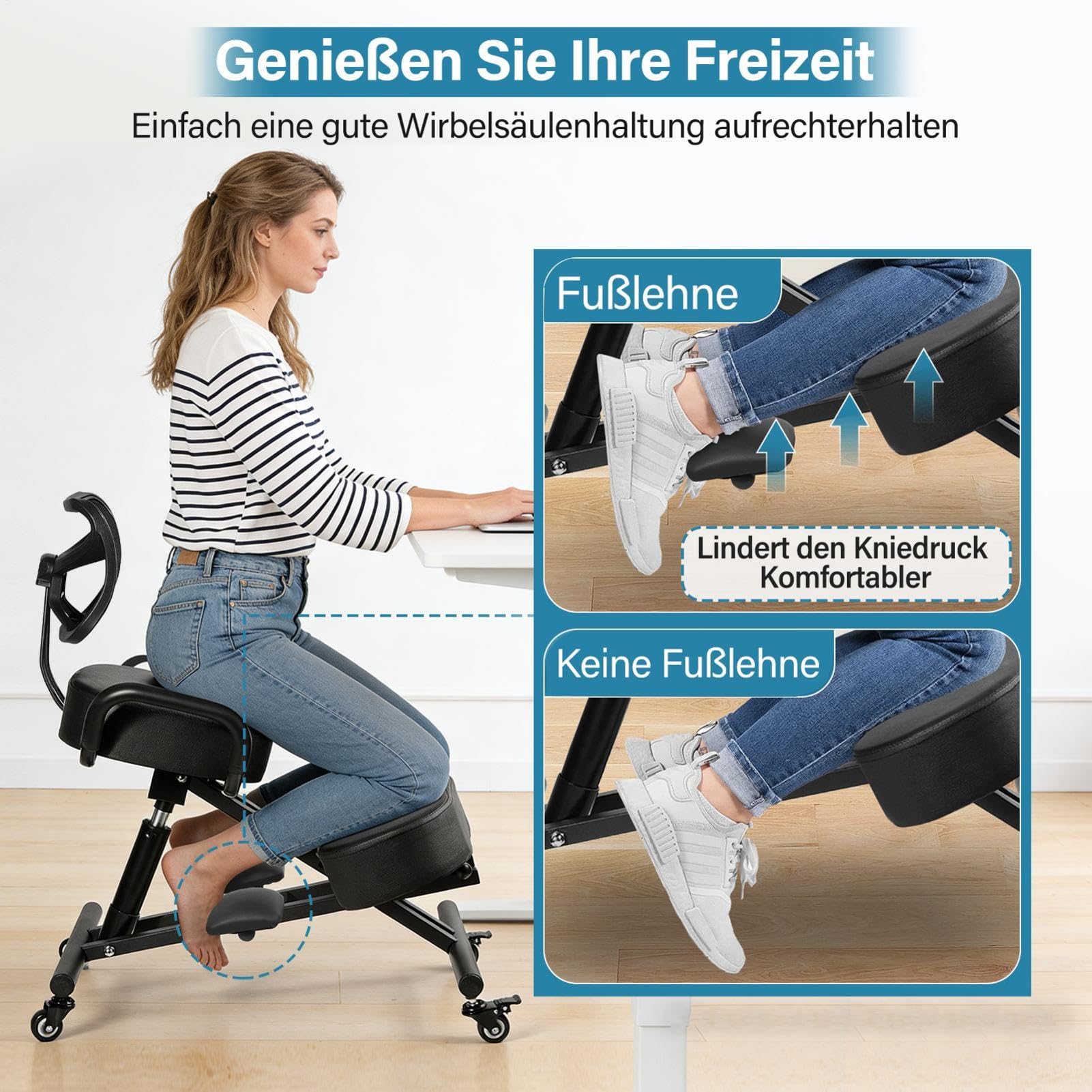 Generisch Kniestuhl, Ergonomischer Kniestuhl mit Rückenlehne und Fußstütze | Höhenverstellbarer Haltungsstuhl mit Feststellrä-dern für das Homeoffice, Haltungskorrekturhocker
