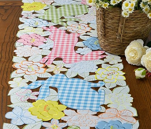 Miniatura 6 de KEVA Camino de mesa de conejo de Pascua de 13 x 72 pulgadas de largo camino de mesa bordado de conejo floral de mariposa para decoración de mesa de