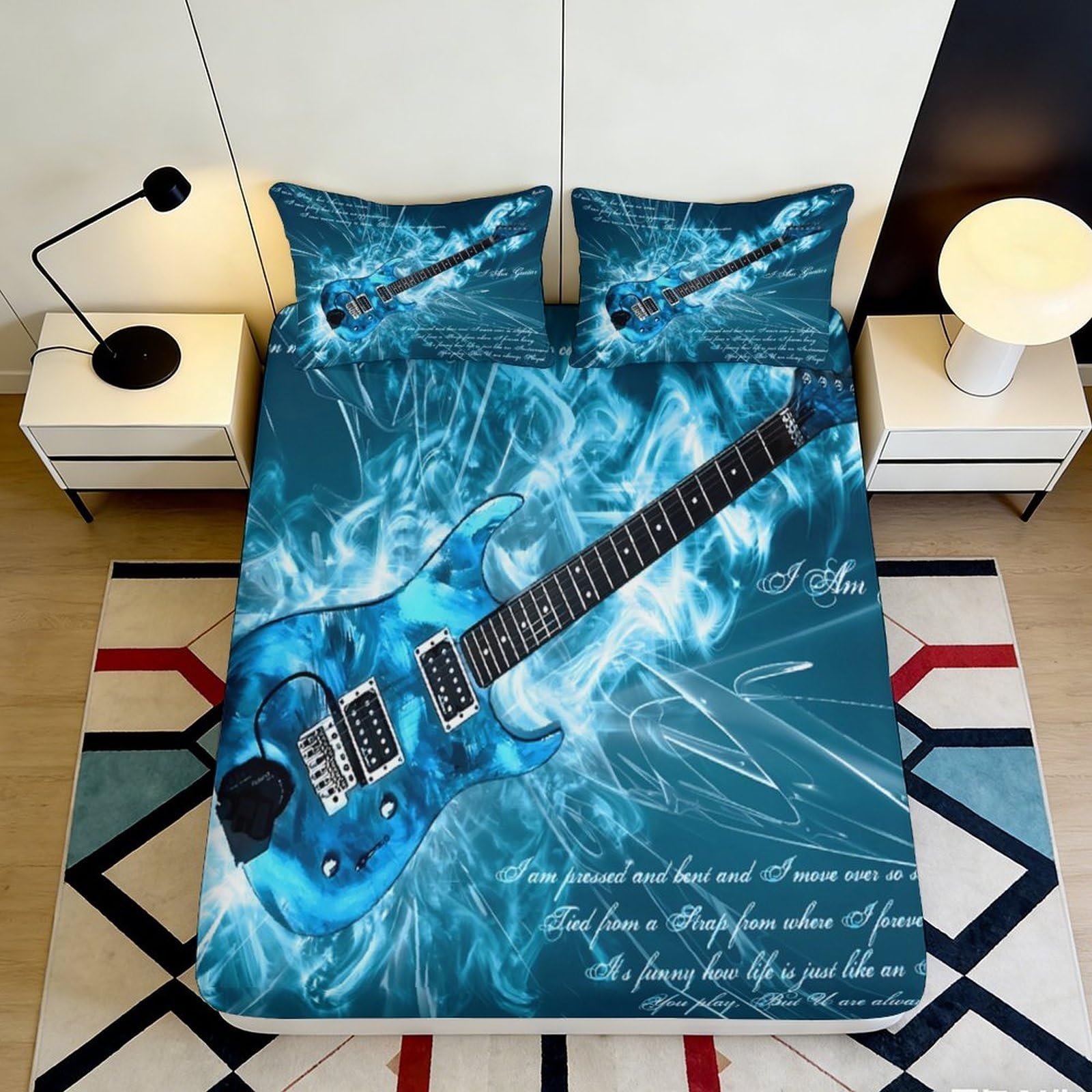 Dhbaneiok Style-1 3D Printed Electric Blue Guitar Fitted Sheet Microfiber Soft Bedroom Decor Lightning Pattern Mattress Cover 90X200x25cm