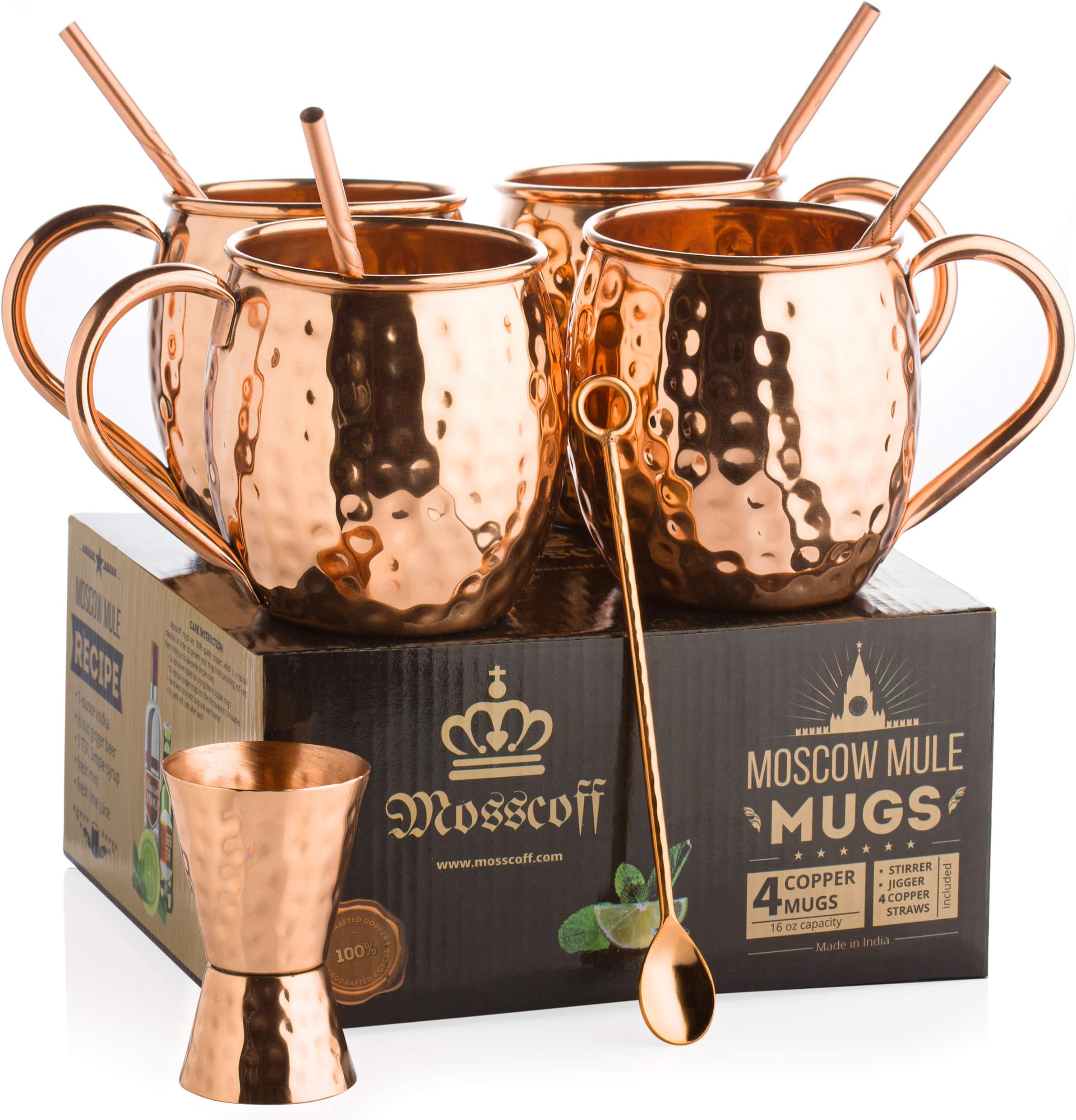 Moscow Mule Copper Mugs Set of 4 – Copper Jigger, Twisted Copper Straws, Copper bar Spoon Come with 4x16 oz Copper Mugs. Complete Moscow Mule kit. Moscow Mule Gift Set for 7th Anniversary Wedding.