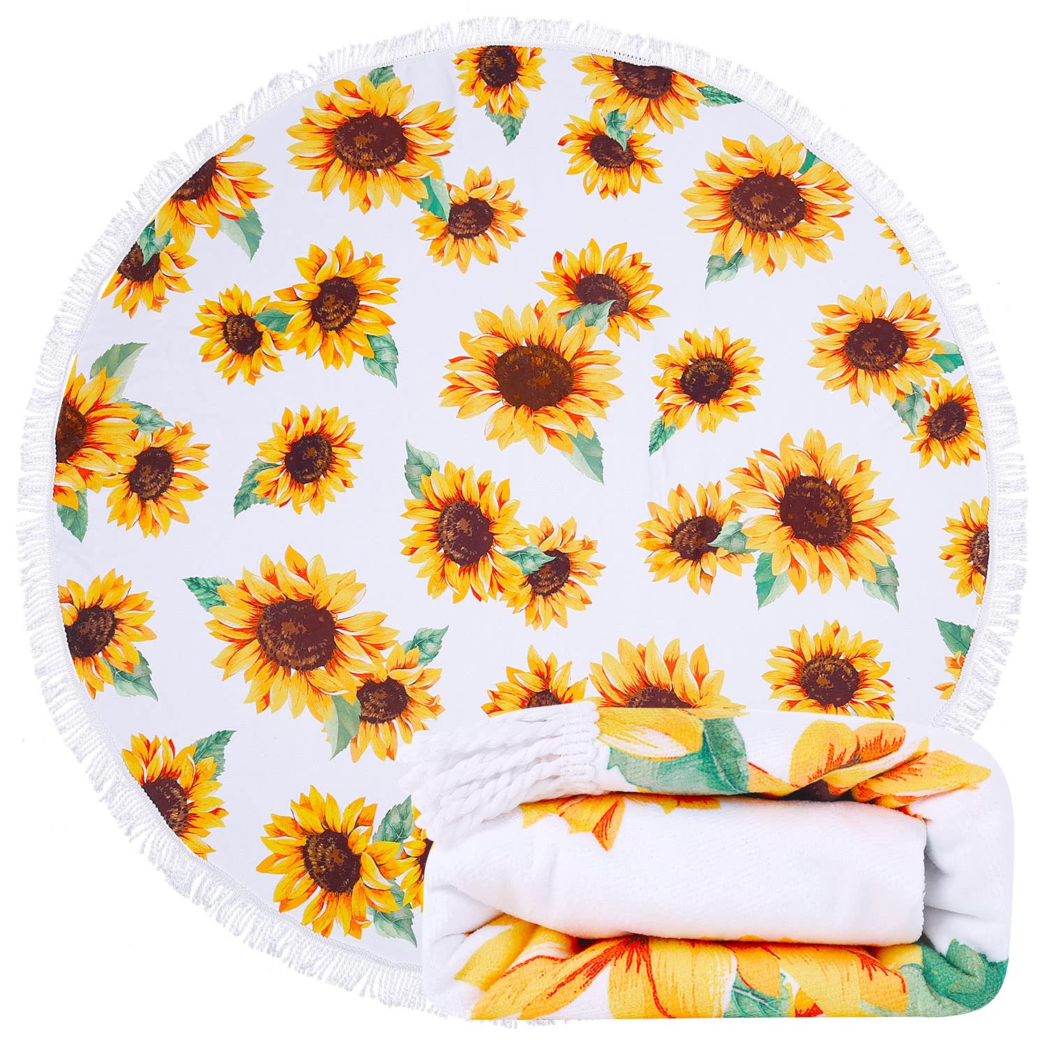 LIVILAN Sunflower Round Microfiber Mandala Beach Towel Blanket,Large Soft Absorbent Fast Dry Sand Free Picnic Yoga Mat Wall Hanging Table Cloth Wall Decor Tapestry with Tassels，White & Yellow