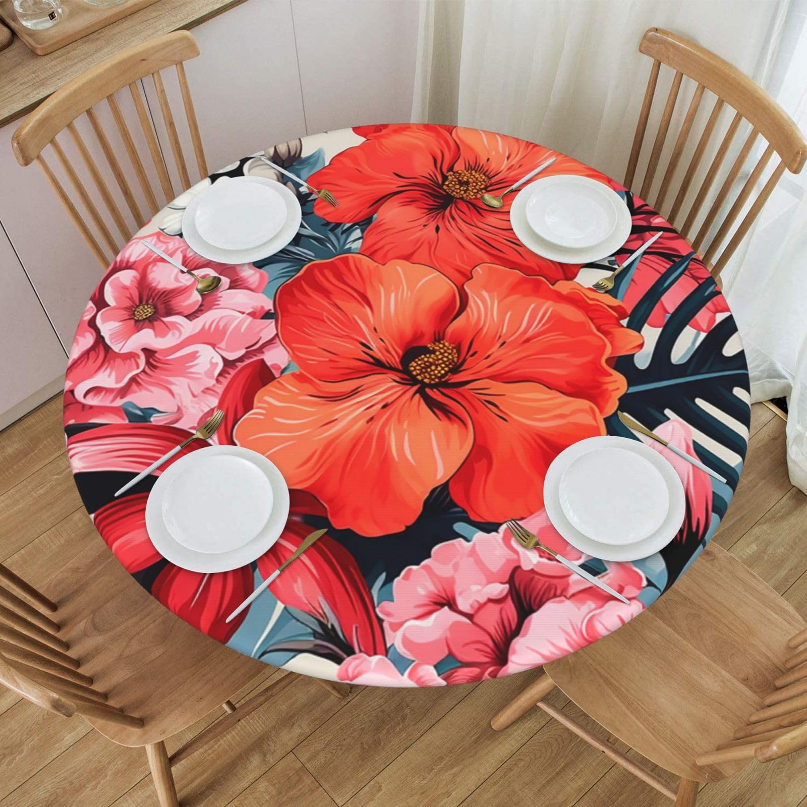 XYFCS Round Fitted Tablecloth Retro Tropical Flower Palm Leaf Table Cloth with Elastic Edged Waterproof Wipeable Round Table Cover for Patio Parties Outdoor Decor, 45
