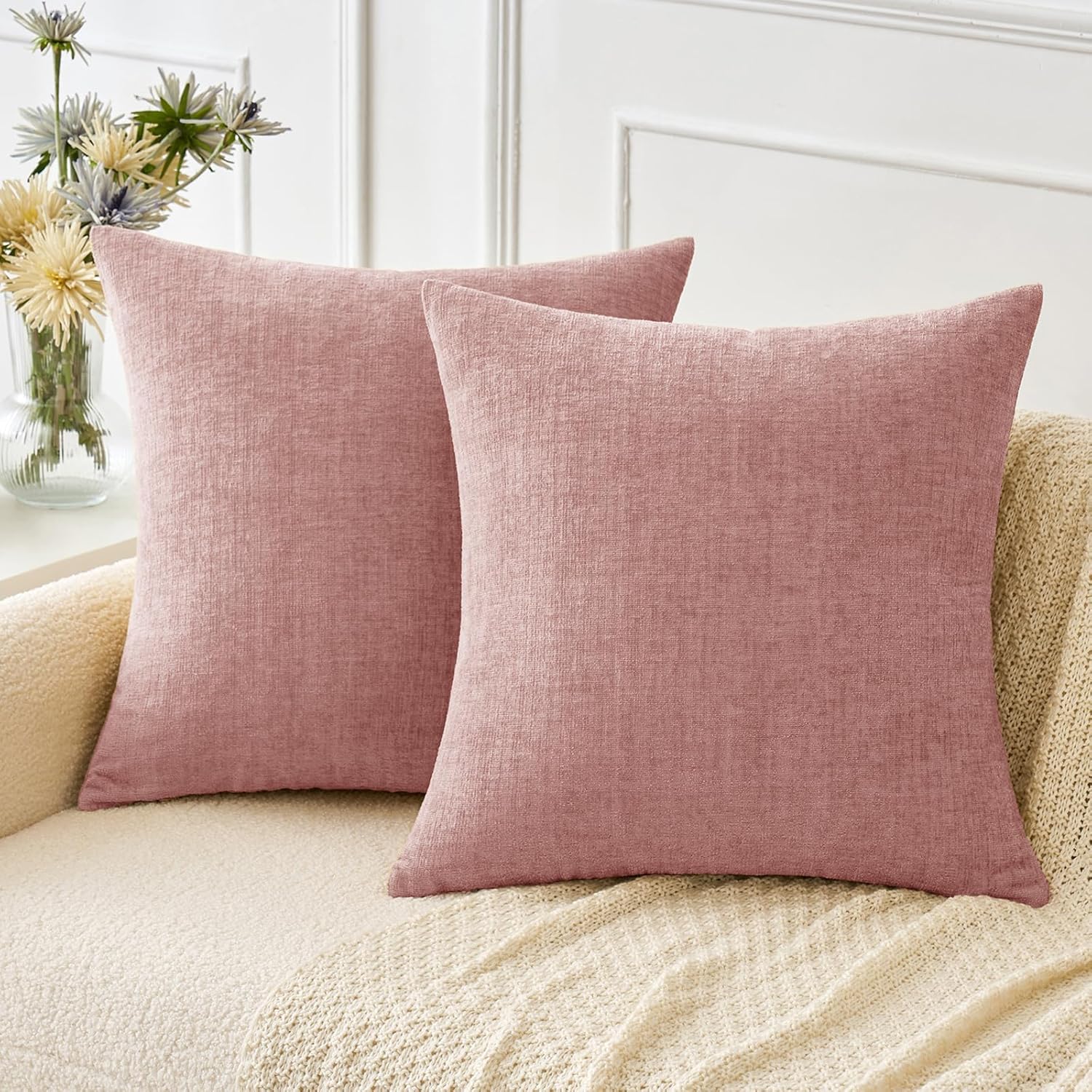 MIULEE Pack of 2 Couch Valentines Throw Pillow Covers 16x16 Inch Soft Spring Blush Pink Chenille Pillow Covers for Sofa Living Room Solid Dyed Pillow Cases 16" x 16" (Pack of 2) Blush Pink