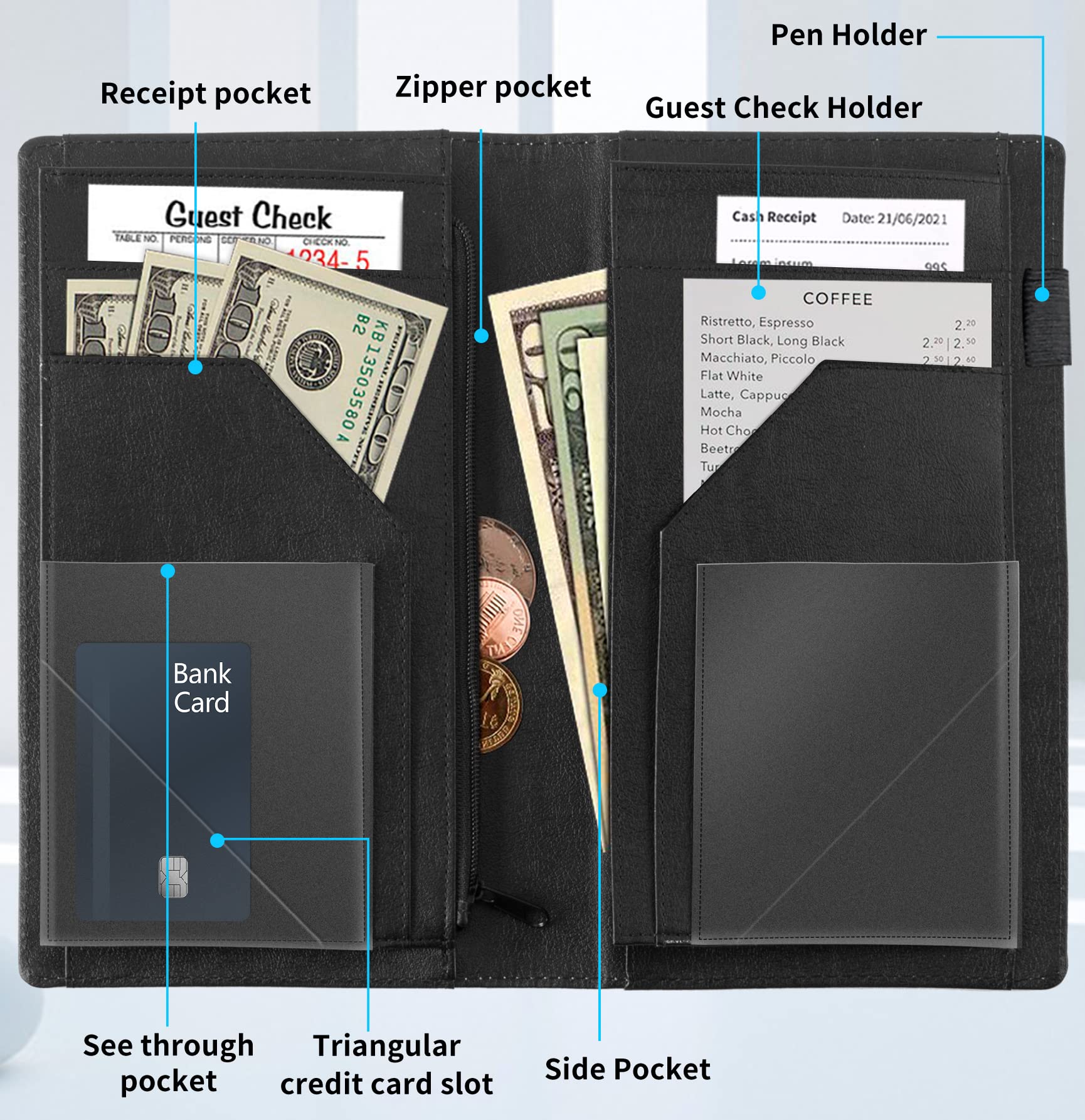 Design Your Own Custom Server Books for Waitress 9 x 5 inch,Personalized Waiter Book Server Wallet with 11 Pocket,Cute Waitress Book&Waitstaff Organizer with Money Pocket Fit Server Apron