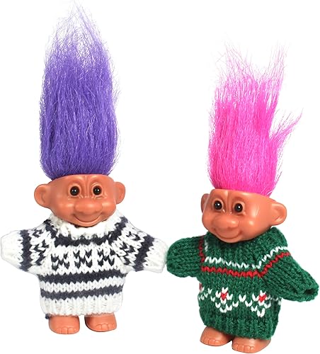 2 muñecas retro de la suerte Troll en suéteres tejidos a mano, coloridos, adorables, ideales para colecciones, proyectos escolares, manualidades y