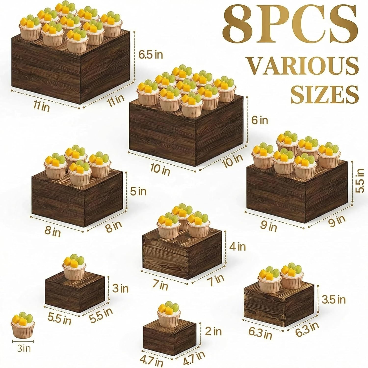 8 PCS Wooden Buffet Risers, Nesting Rustic Wood Display Stands, Multi-Size Dessert Table Display Set for Catering, Wedding & Party Events