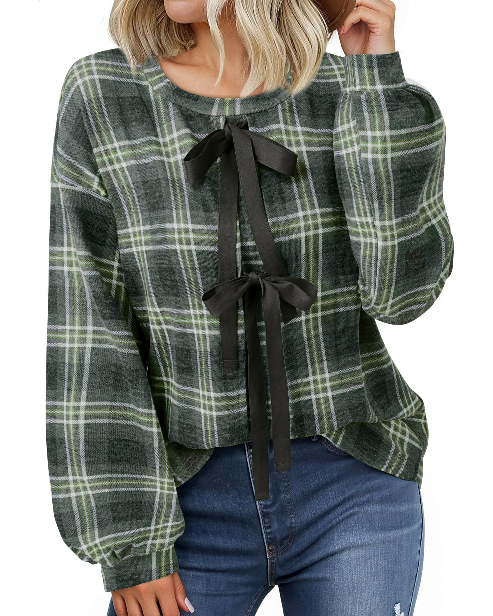 Vivilli Women's Tie Front Knit Tops Long Lantern Sleeve Shirts Crewneck Sweatshirts A-Line Patchwork Fall Fashion Tunic