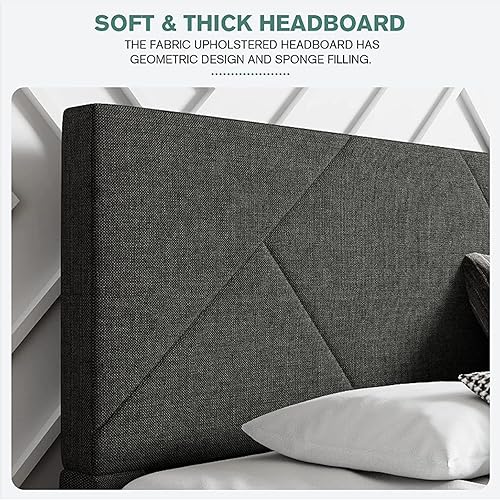 Miniatura 5 de Base de cama de plataforma Queen con cabecera ajustable, base de colchón tapizada de tela, soporte de listones de madera fuerte, no necesita somier,