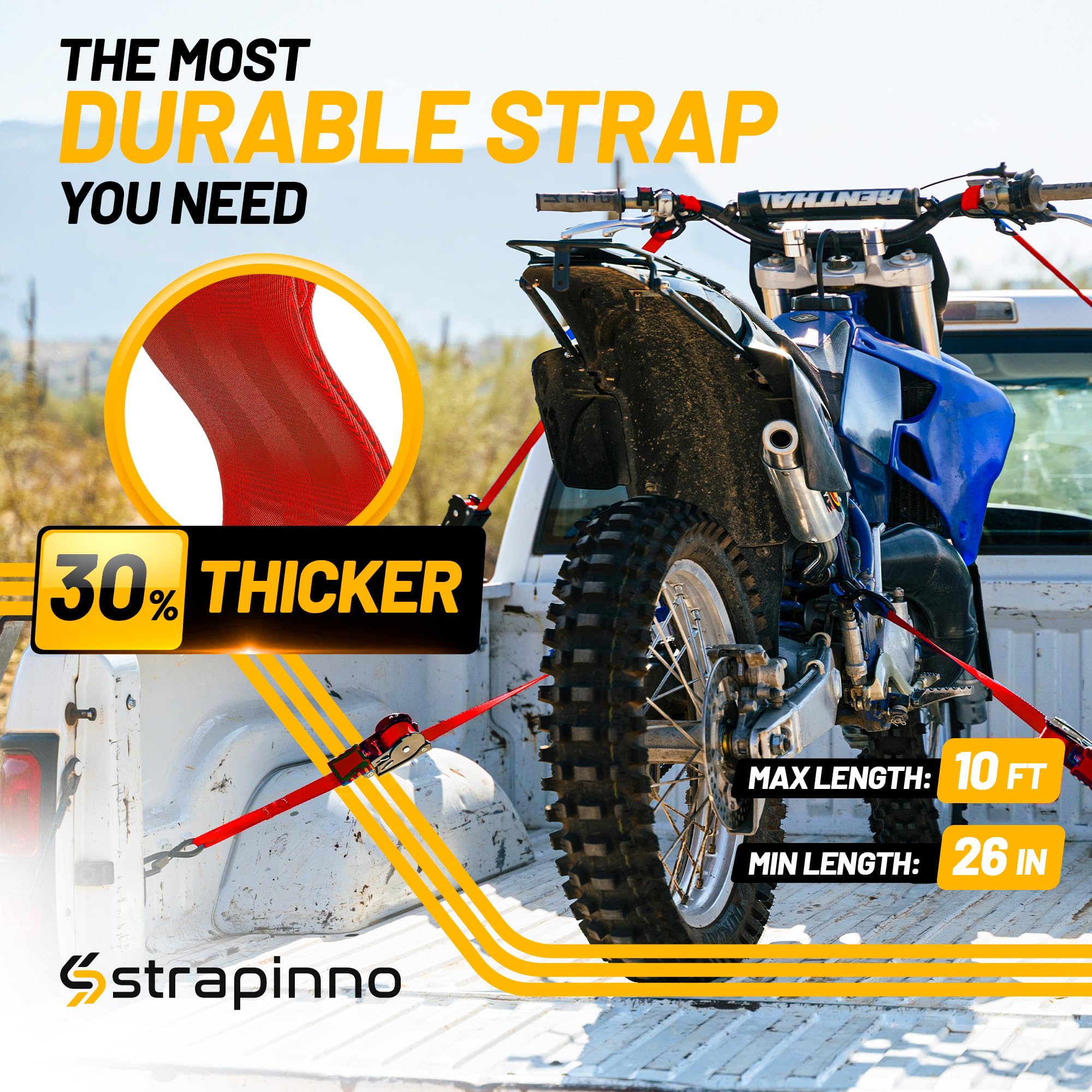 Strapinno - Correas de carraca retráctiles de 1 x 10 pies, amarres Seguros con Asas de Acero revestidas de Goma, para Motocicleta, Jetski, Kayak, Resistencia a la Rotura 1.5 libras/680 kg (Correa