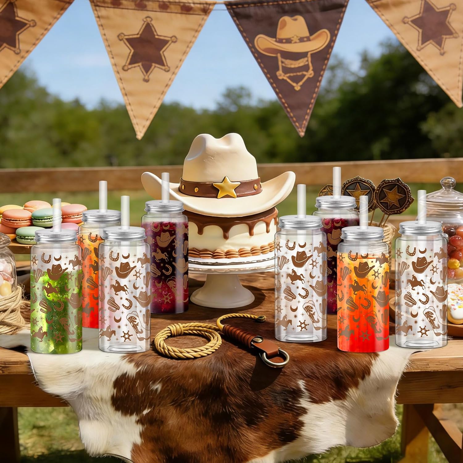 Hxezoc 20 Pack Plastic Western Cowboy Cups with Lid and Straw Clear Reusable Party Plastic Cups 14.2 oz Cowboy Party Gifts for Western Birthday Decoration Supplies - Image 4