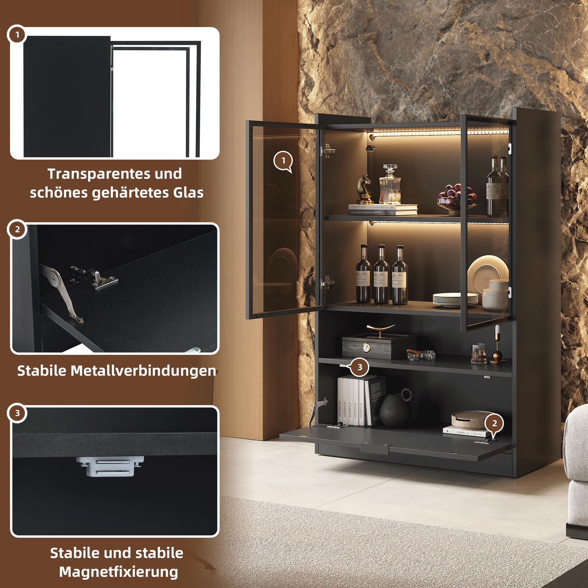 Merax Vitrinenschrank Transparente Vitrine mit LED, Moderner Bücherschrank mit 2 Glastüren & 1 Falttür & Offenes Regal, Sammlervitrine Standvitrine für Wohnzimmer Esszimmer Büro, Schwarz Matt, 120cm