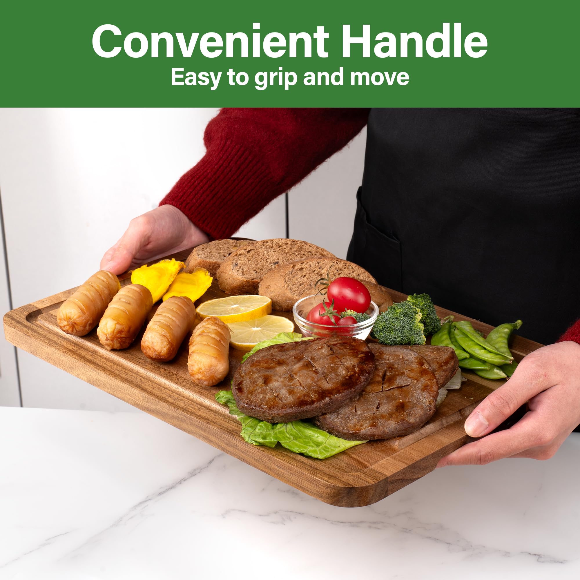 Set di 3 Taglieri in Legno di Acacia con Scanalatura per Succo, Supporto e Coltello da Frutta in Omaggio, Tagliere Doppio Lato per Carne, Verdure e Formaggio.