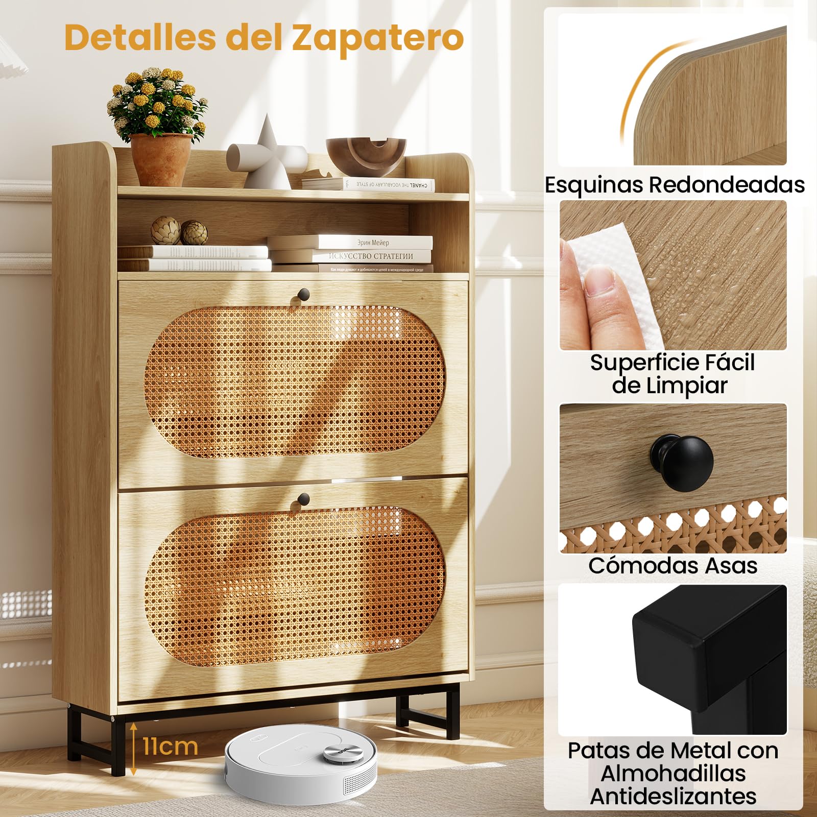 COSTWAY Zapatero Armario con 2 Cajones Abatibles, Mueble Zapatero Estrecho Puertas de Ratán y Patas de Metal, Entrada Recibidor Pasillo, 80 x 24 x 115 cm