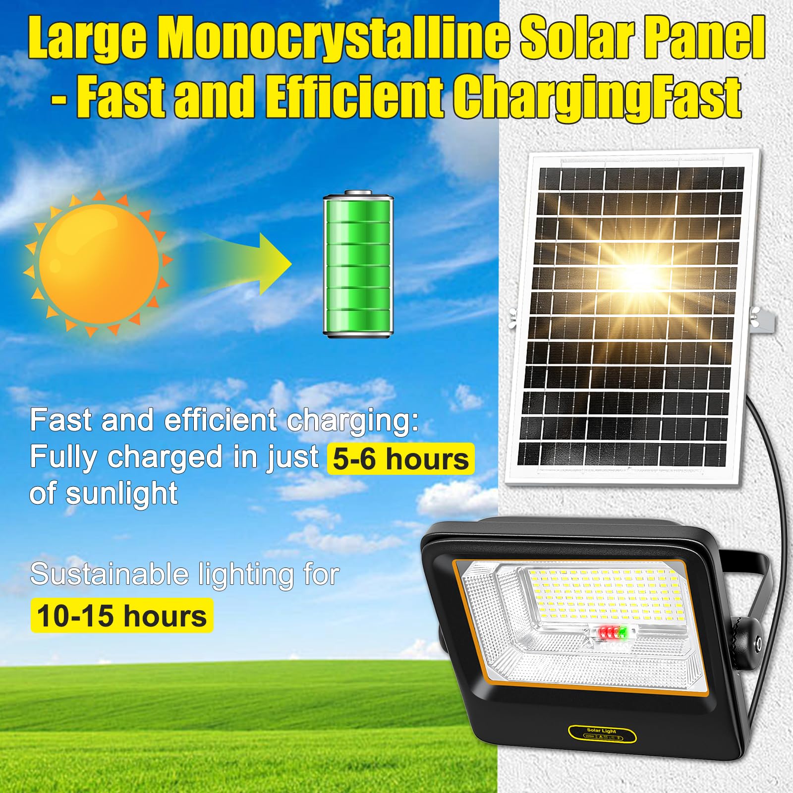 100W Focos LED Exterior Solares con Control Remoto,Indicador de Batería,7 Modos,IP67 a Prueba de Agua con Cable de 4.2m,Luz Solar Exteriorpara Garaje,Jardín,Puerta de Entrada,Patio y Césped - 3