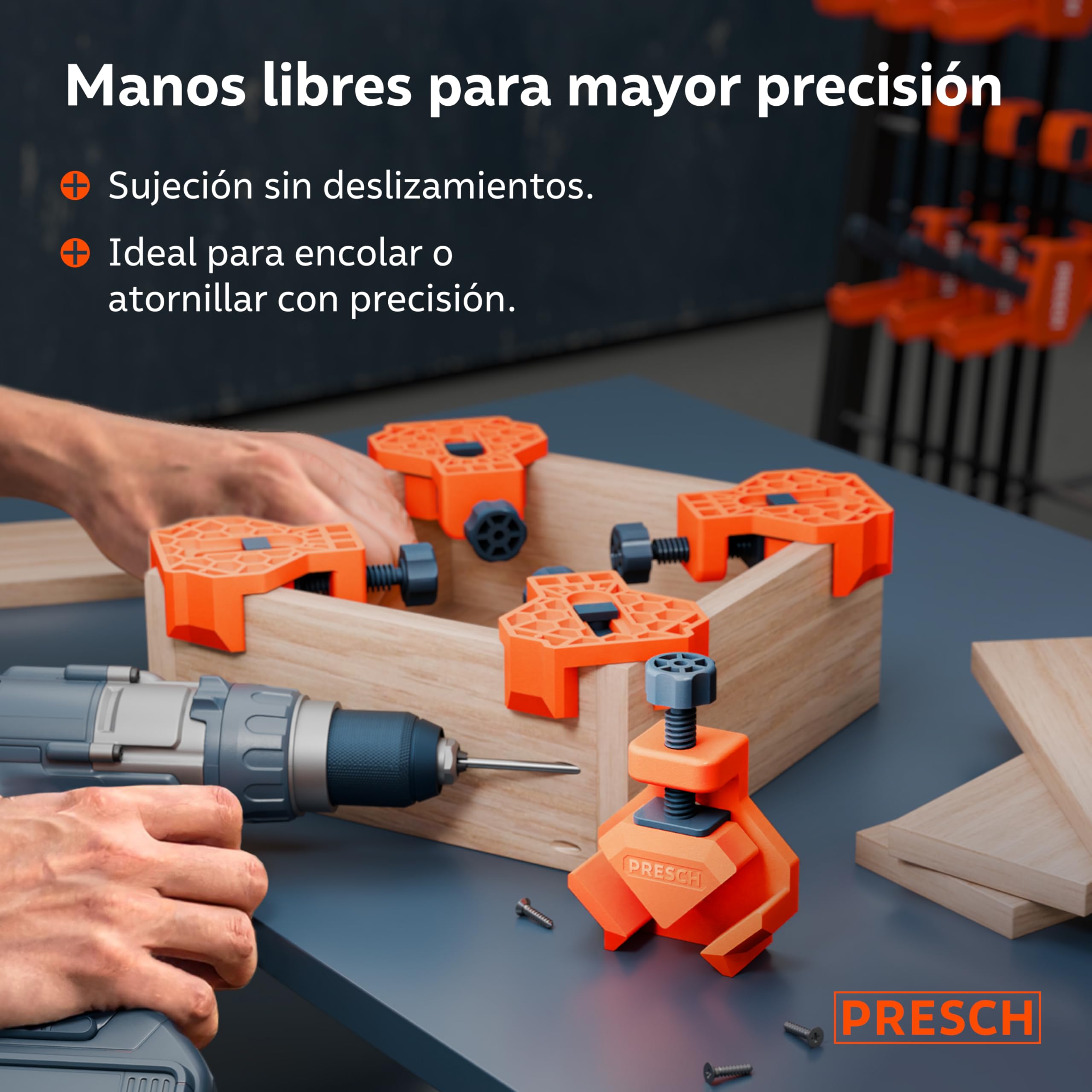 Presch Sargento escuadra 4 uds - Sargentos angulo para grosores de tablero de hasta 26 mm - 25 kg de fuerza de sujeción para ángulos exactos de 90° - Robustas de plástico reforzado con fibra de vidrio