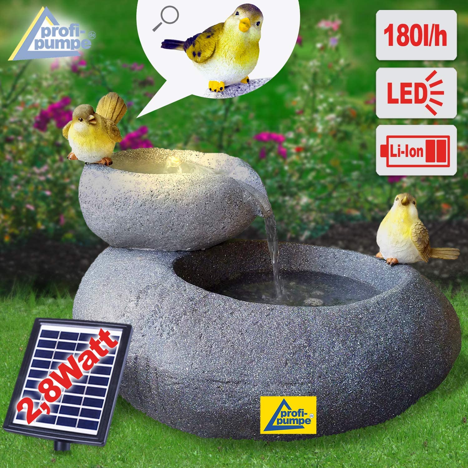 Fuente Solar de jardín Fuente Decorativa Cascada Luz de jardín Bomba de Estanque para Patio, balcón, con Bomba Función de Inicio instantáneo con batería de Iones de Litio y luz LED (FELS-Schalen)