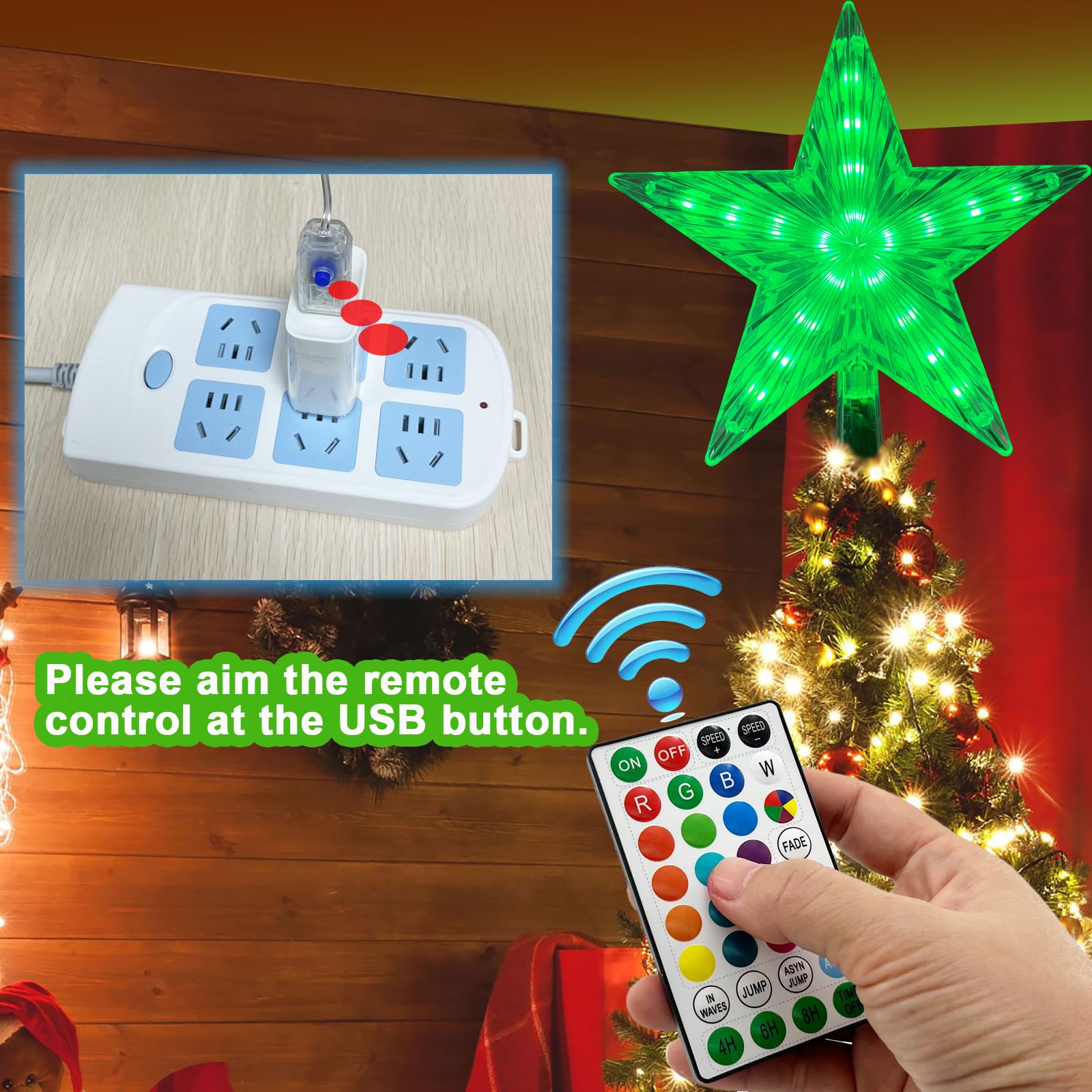 Estrella para árbol de Navidad de 8.6 pulgadas, estrella iluminada LED RGB con control remoto, 25 modos de luz, velocidad, temporizador, enchufe USB, cable de 16.4 pies para decoración de fiesta de