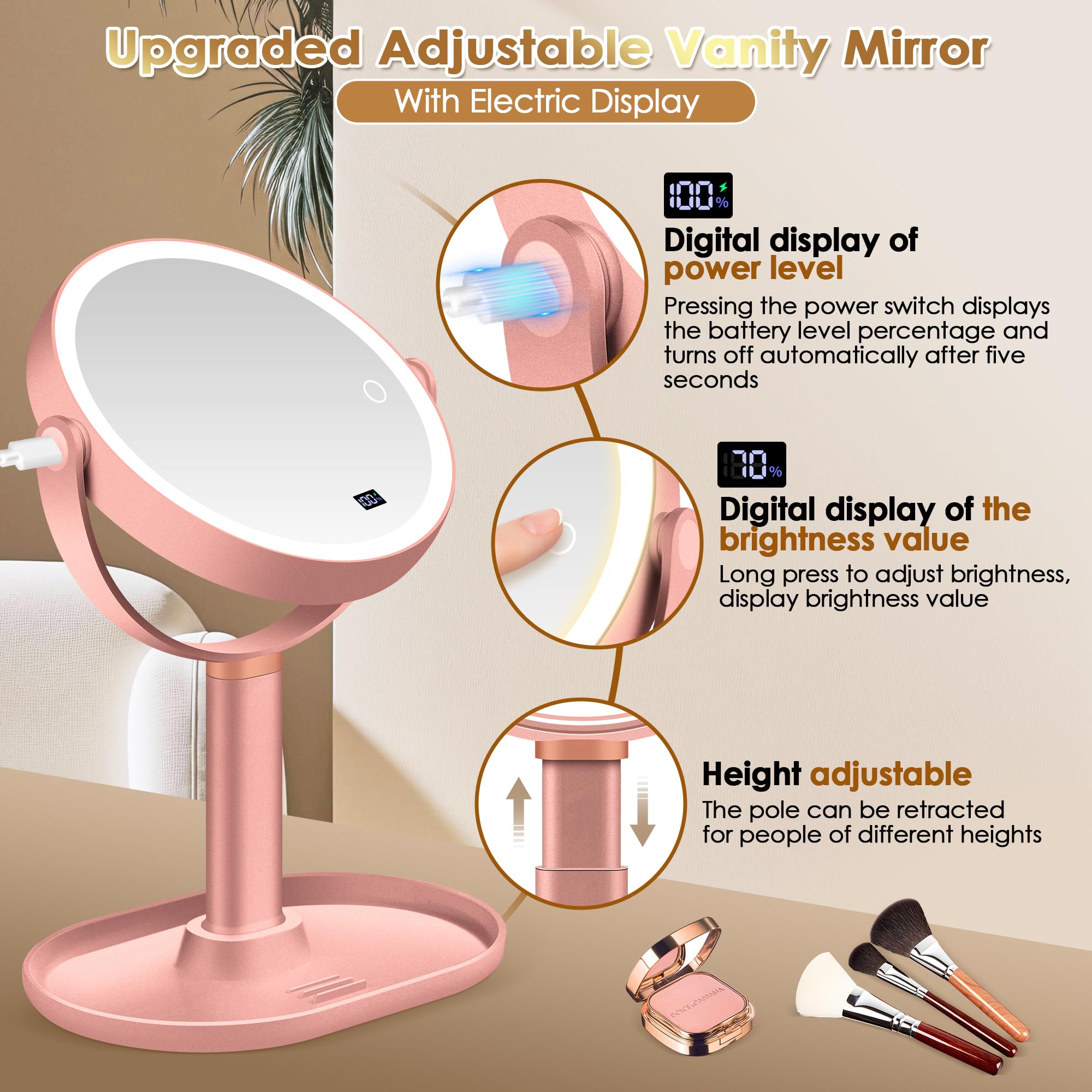 MIYADIVA Espejo de maquillaje con luces, espejo de aumento 30X/1X con pantalla digital, espejos de mesa de altura ajustable, desmontable para viajes, espejos de tocador con soportes para teléfono, oro