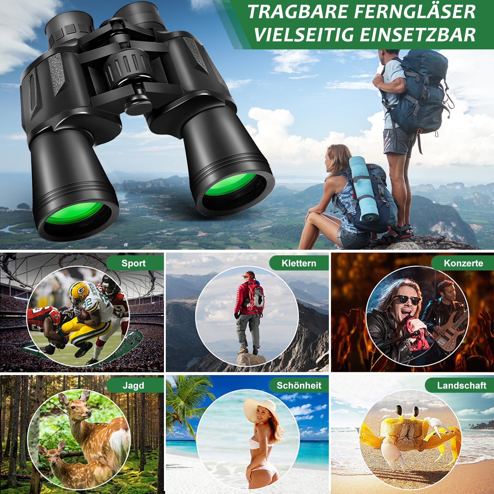 Fernglas für Erwachsene 20x50, Stabiles Fernglas mit Smartphone Adapter für Vogelbeobachtung, Jagd, Outdoor, Reisen & Natur, Kompakt Leicht Wasserdichtes Ferngläser Für Brillenträger Geeignet