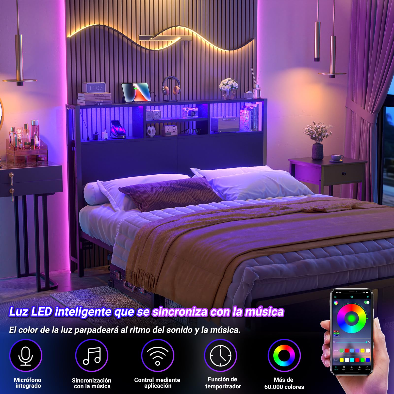 iSunirm Cabecero 140 cm con estantes de Almacenamiento, con enchufes, Puertos USB y Pype C, luz LED, Solo cabecero, Altura Ajustable, Reversible, Resistente y Estable, Negro