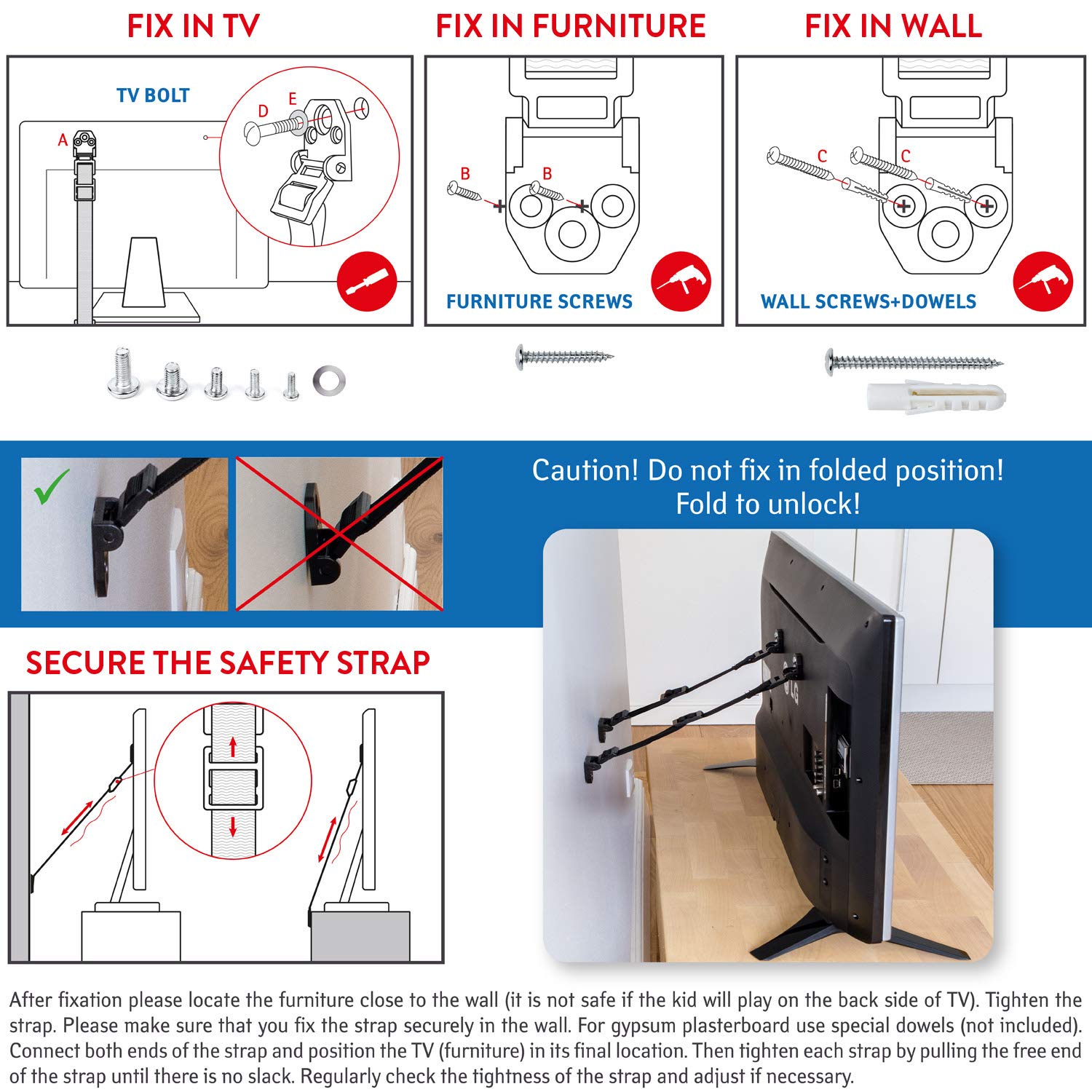 Tatkraft Protect Correa de Seguridad TV/Correa de Nylon Universal/Abrazadera para Muebles de Seguridad para Niños 4 Pack, 2 Blancos / 2 Negros