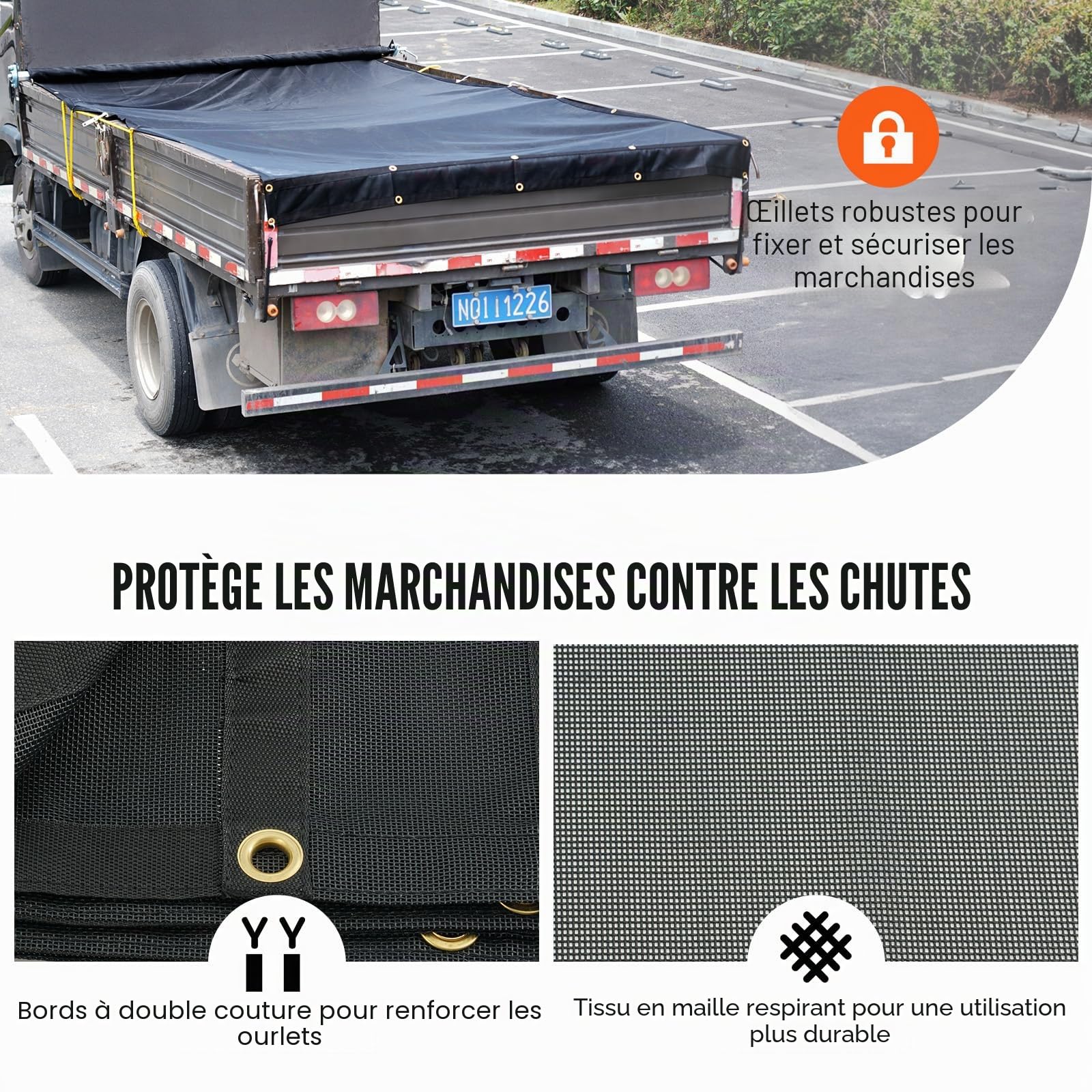 VEVOR Bâche en maille pour camion à benne basculante 1,5x4,3 m revêtement PVC noir avec double poche œillets en laiton sangle renforcée double couture pour camion à benne basculante manuel, électrique