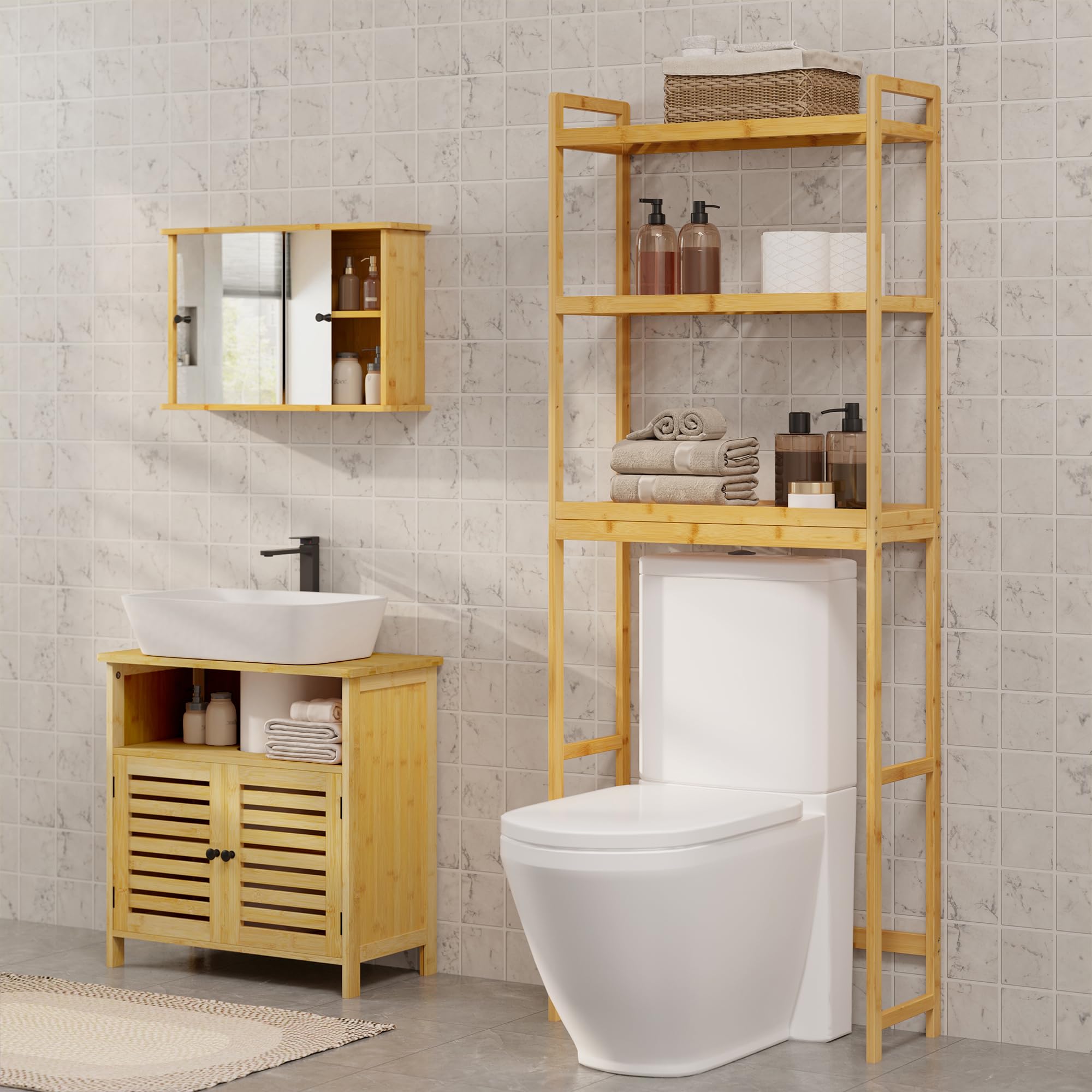 EUGAD Étagère Salle de Bain en Bambou à 3 Niveaux, Meuble au-Dessus Machine à Laver, pour Salle de Bain, Buanderie, 63,5x26x163 cm, en Couleur de Bambou Naturel