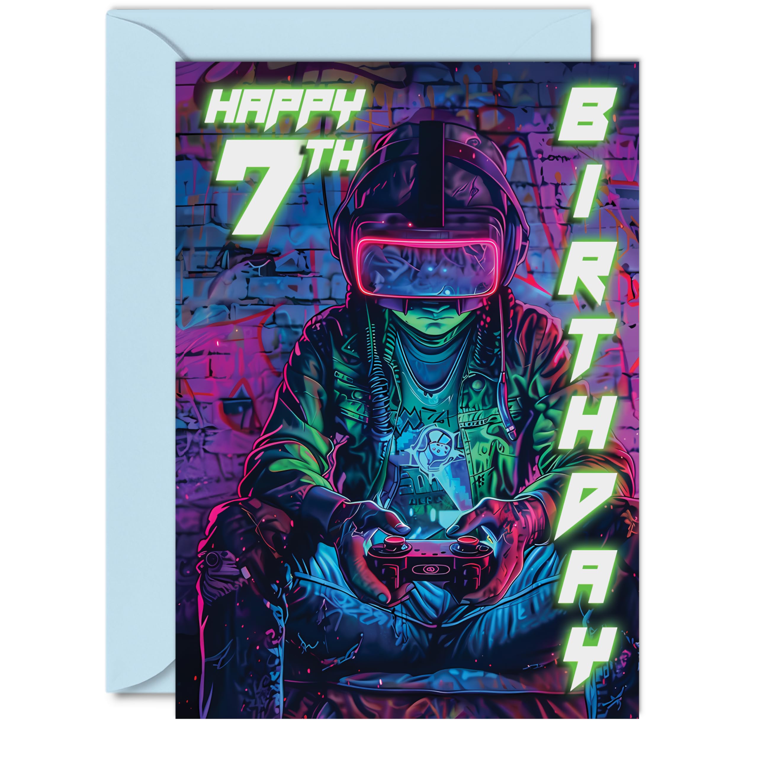 7th Birthday Cards for Boys Girls - Video Game Gamer - Happy 7 Birthday Card for Son Daughter Nephew Niece Grandson, A5 Seven Seventh Bday Greeting Cards