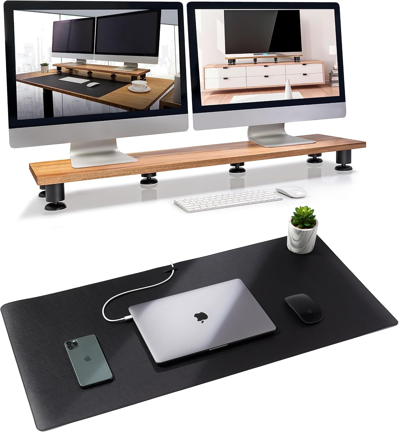 Dual Monitor Riser and Black Leather Desk Mat Bundle - Premium Handmade ...