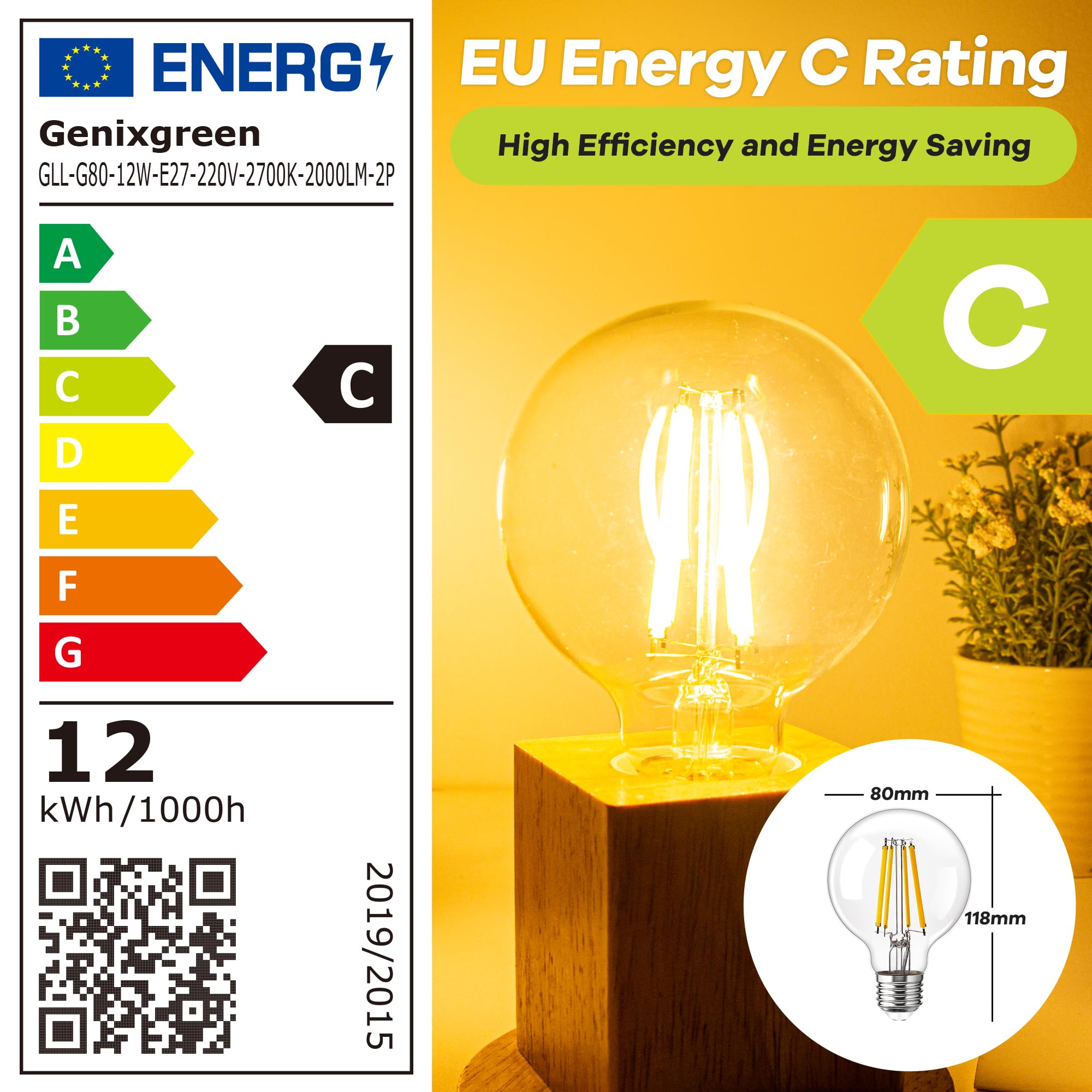 Genixgreen Dimmable E27 LED Bulbs,Edison Screw Bulbs ES Globe Filament Bulb G80 12W Decorative Light Bulbs Retro Style,100W Equivalent,2000LM,Clear Glass,Warm White 2700K,2 Pack - Image 4