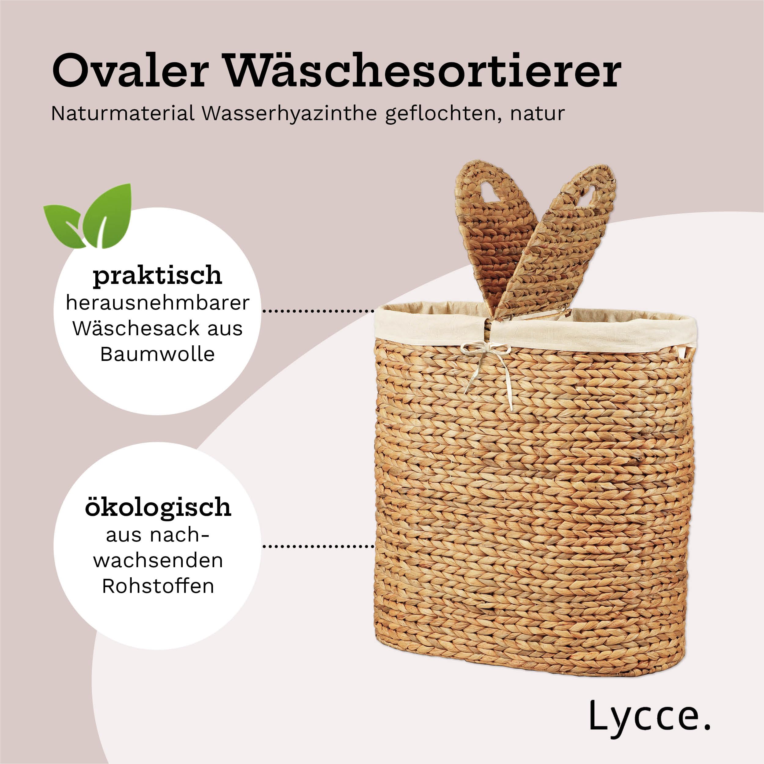 Lycce Wäschekorb 2-Fach Sortierer, 46L, Oval + Deckel und Metallgestell