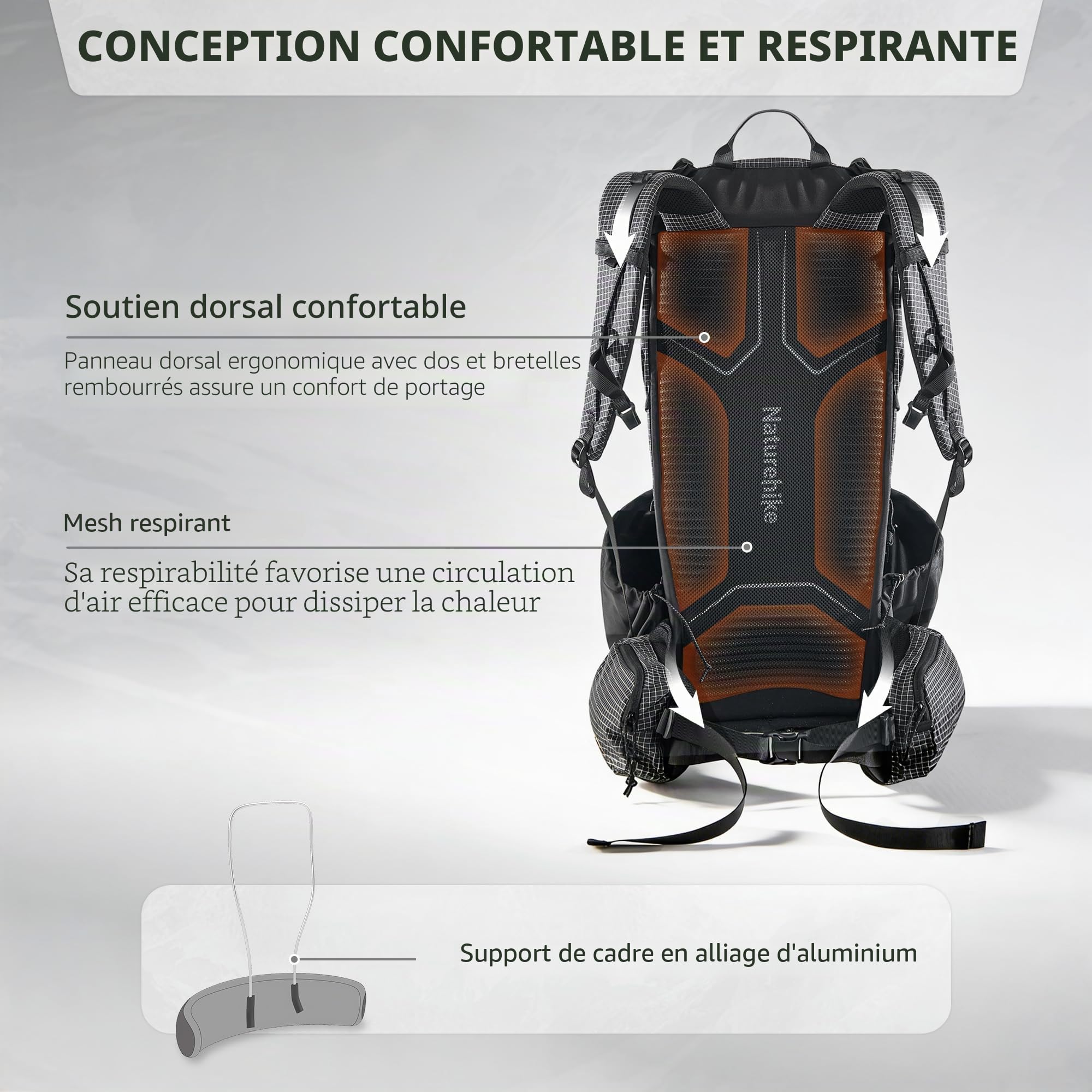 Naturehike Sac à dos Rock 2.0 amélioré 30/45/60L avec cadre intérieur Sac à dos de randonnée pour hommes et femmes avec protection contre la pluie Sacs à dos de trekking pour l'extérieur, le camping