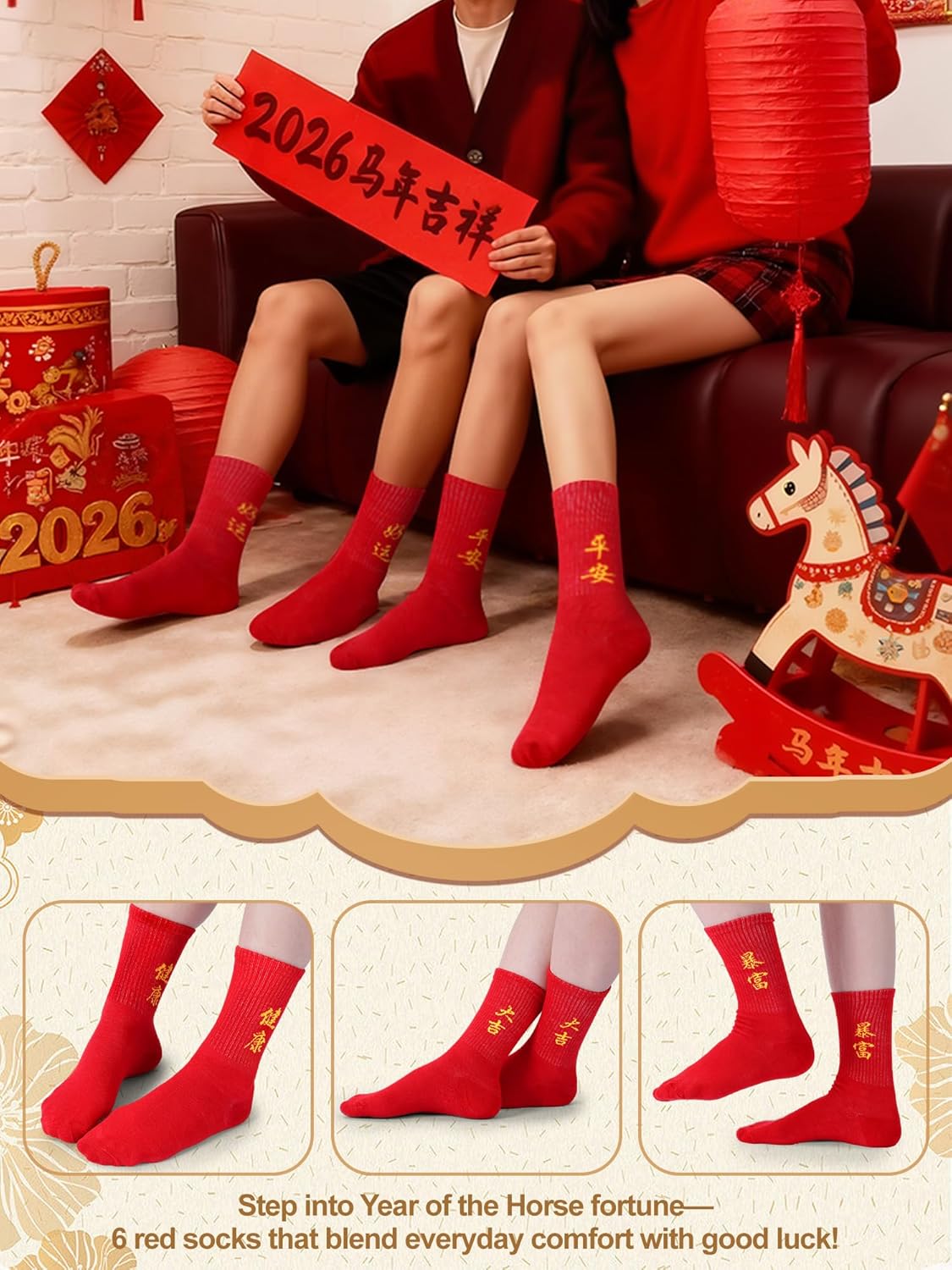 6 Pairs Red Socks Chinese New Year of Horse 2026 Cotton Crew Socks Lunar New Year Gift for Spring Festive Women Men - Image 4