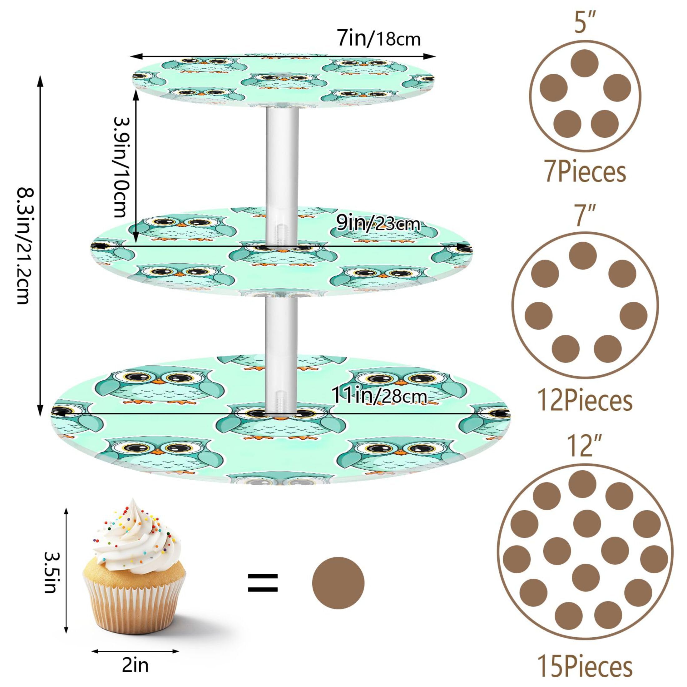 Simpatico supporto per cupcake a 3 ripiani con gufetti in stile cartone animato, per tè, torte, torte, espositore in acrilico, vassoi da portata per feste, cibo, feste di compleanno