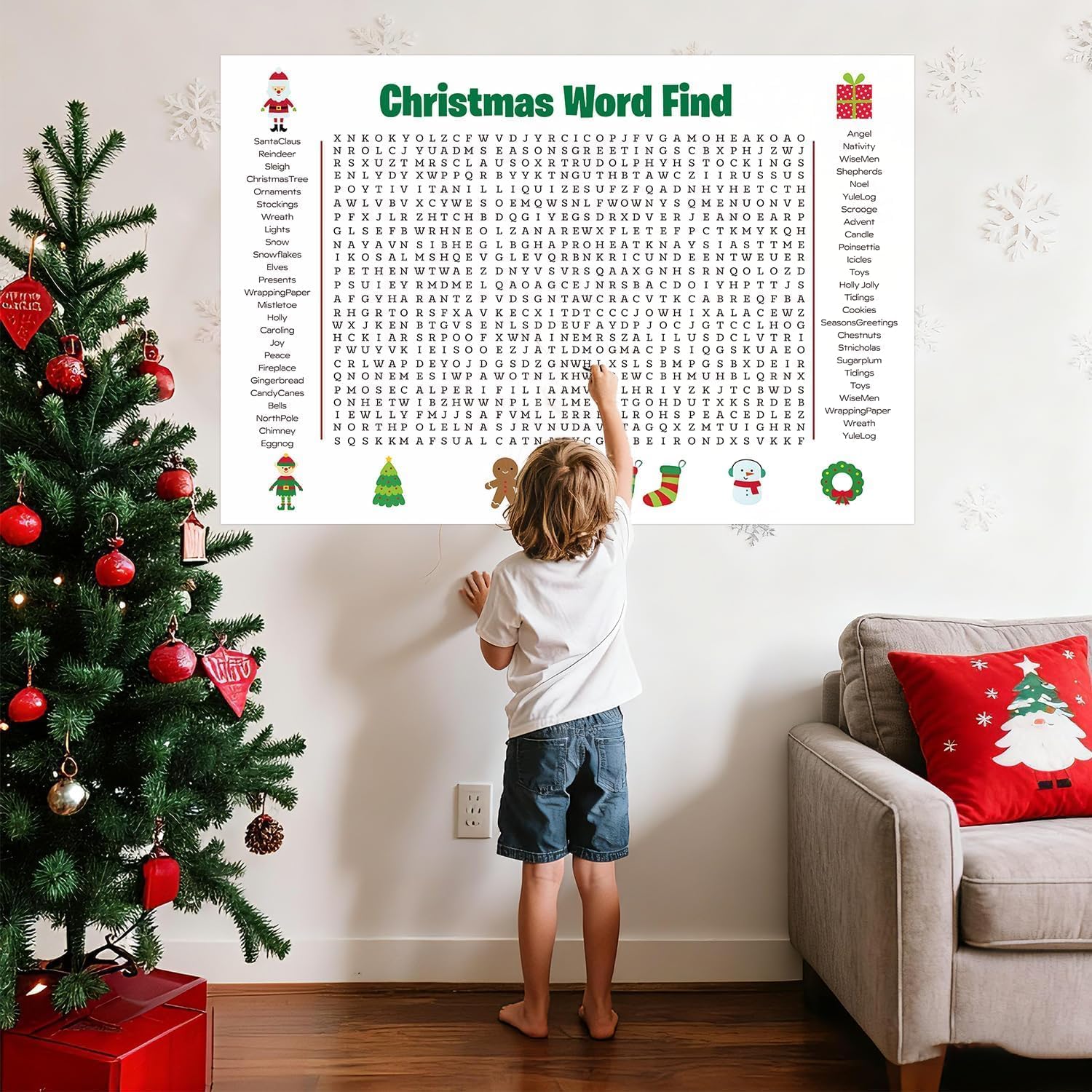 Jumbo Christmas Word Search Poster, Giant Holiday Word Search Wall Poster for Christmas Decor, 36"x24" Large Wall Game with 50 Words for Family Holiday Party Activity - Image 4