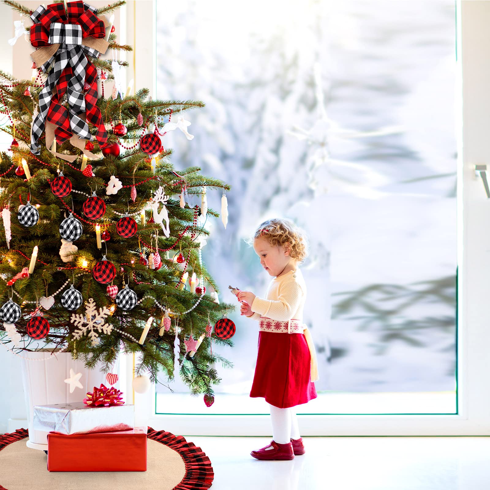 Décorations de Noël à carreaux de buffle - Couronne de sapin de Noël - Lot de 16 boules à suspendre pour décoration de sapin de Noël (rouge et noir, noir et blanc)