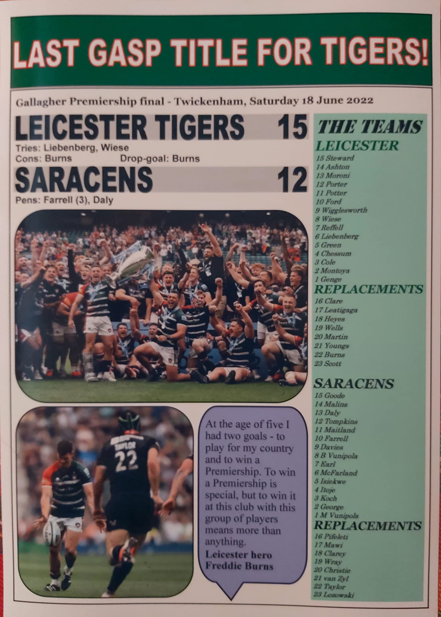 Assorted Leicester Tigers 15 Saracens 12-2022 Premiership final - souvenir print