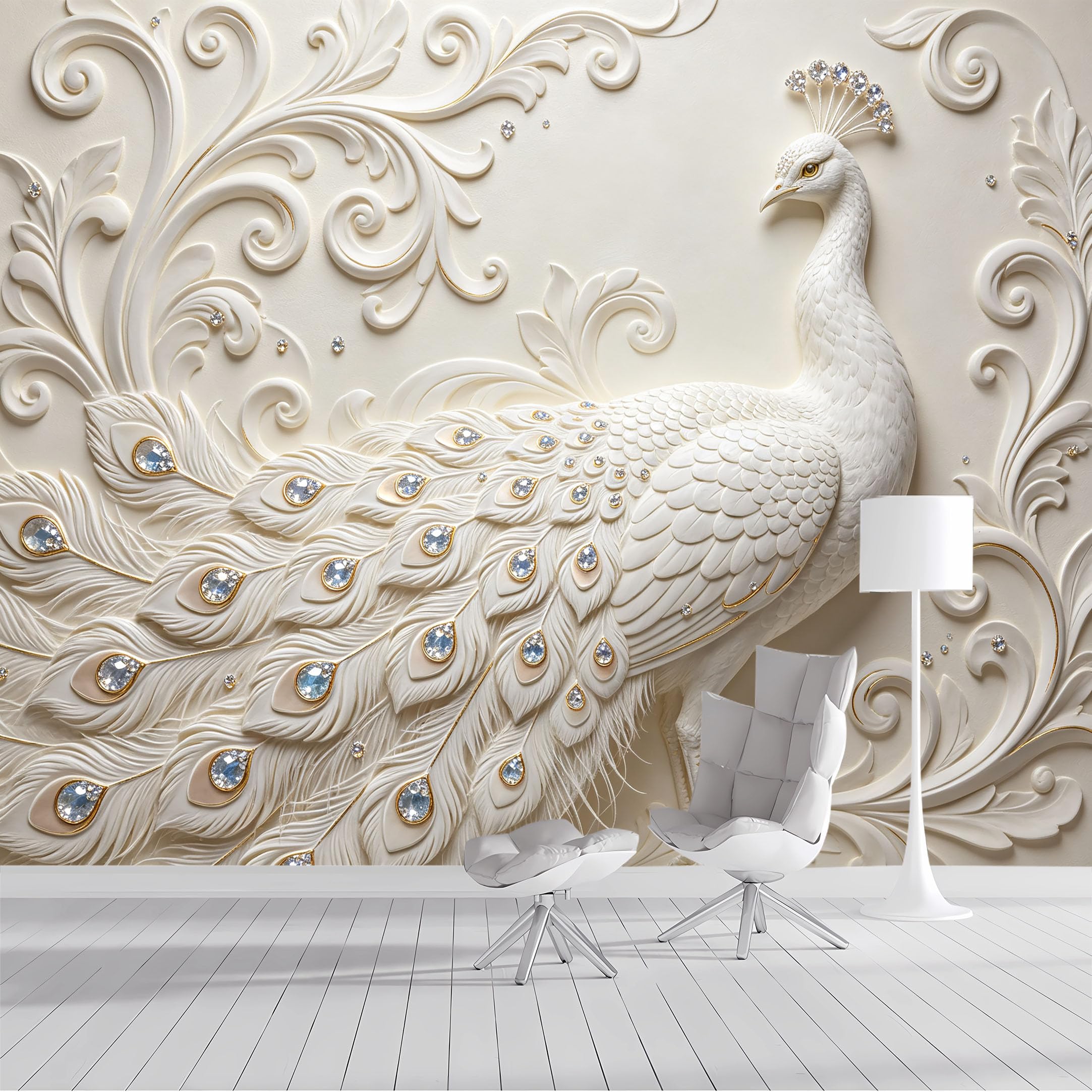 Yzpallescene Bh260711022 Custom Size Wall Mural White Peacock Baroque Relief Effect European Classic Selfadhesive Wall Fabric Removable Peel And Stick Wallpaper Wall Decor For Living Room Bedroom Bathroom