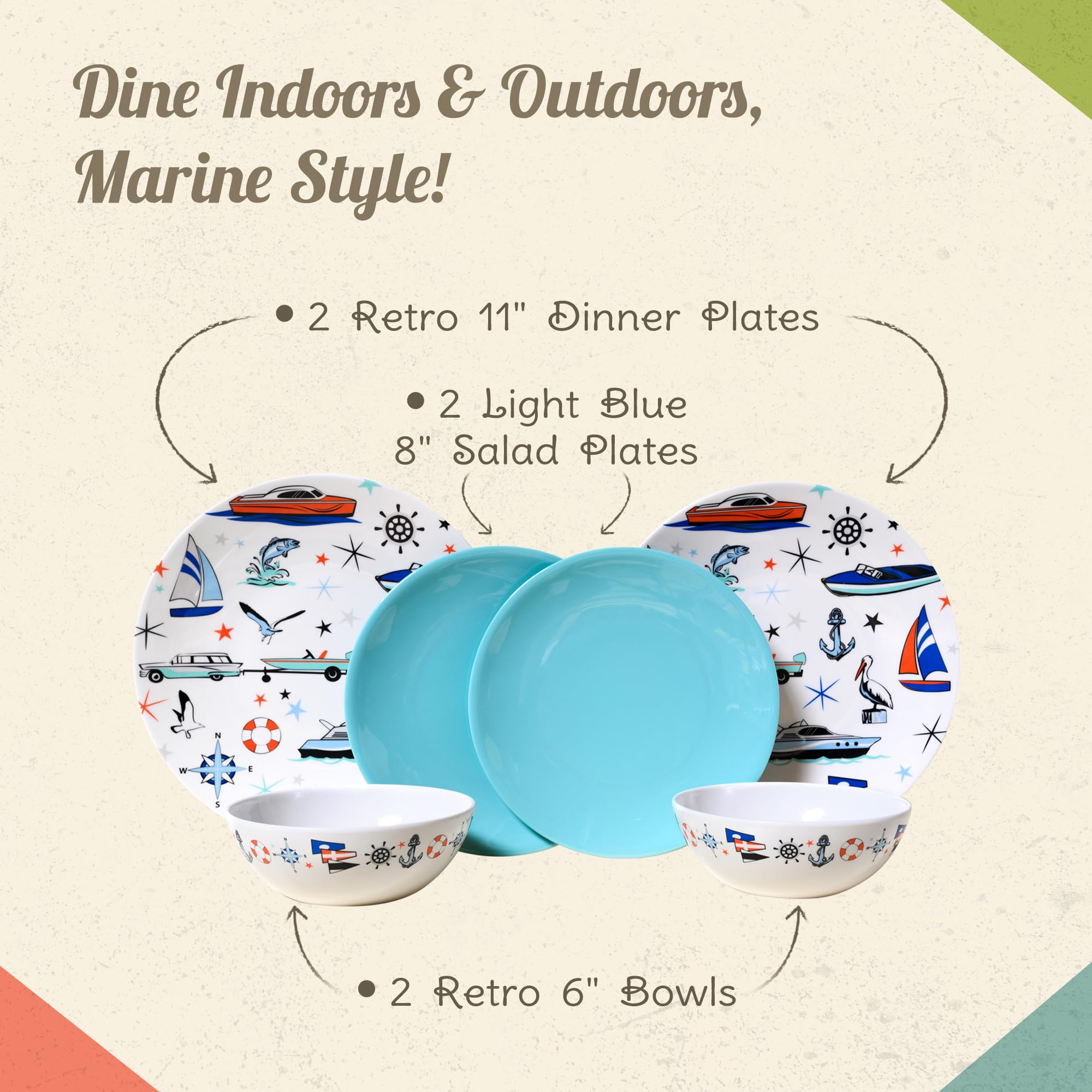 Melamine Dinnerware Sets - 6-pc Marine Dish Set - 2 Bowls 2 Salad & 2 Dinner Melamine Plates for Indoor & Outdoor - BPA Free Dishwasher Safe Shatter-Res Dinnerware Set - Camping Dishes Camp C product thumbnail 5