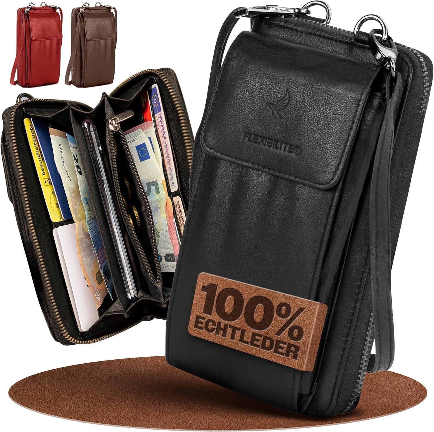 Handytasche Zum Umhängen Mit Portemonnaie (Tasche 20×11×5 cm - Handyfach 17×9×3 cm) - Echt Leder Handy-Umhängetasche Damen - Handytasche Mit Geldbörse - 220 g - Schwarz [2026]