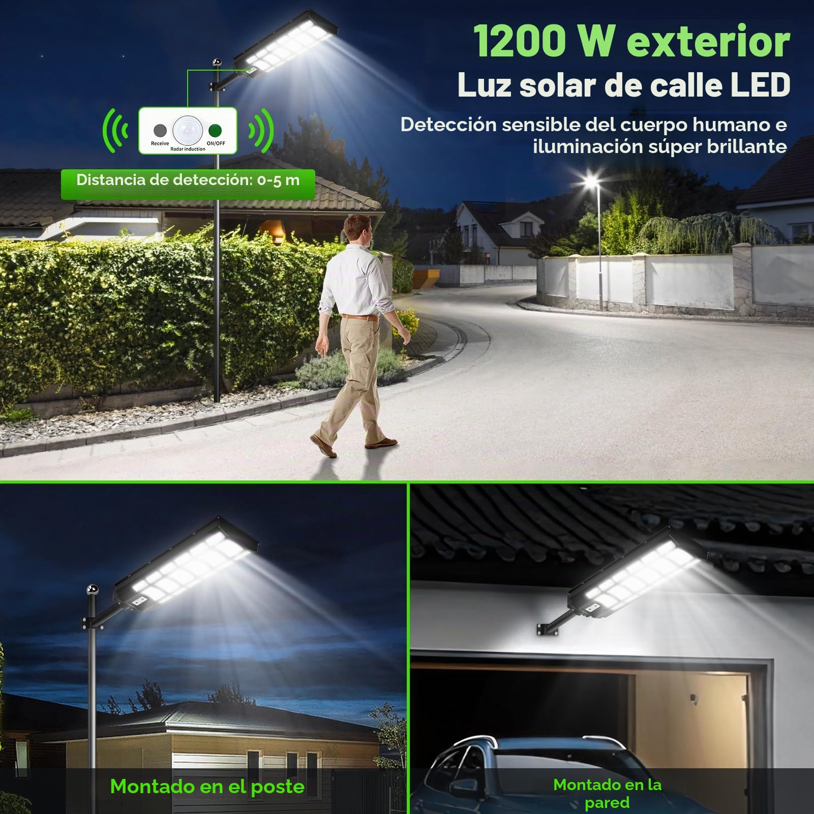 1200W Farola Solar Exterior con Sensor de Movimiento y Mando a Distancia, 792 LEDs 6500K, IP67 Impermeable, 3 Modos Inteligentes para Aparcamiento y Jardín