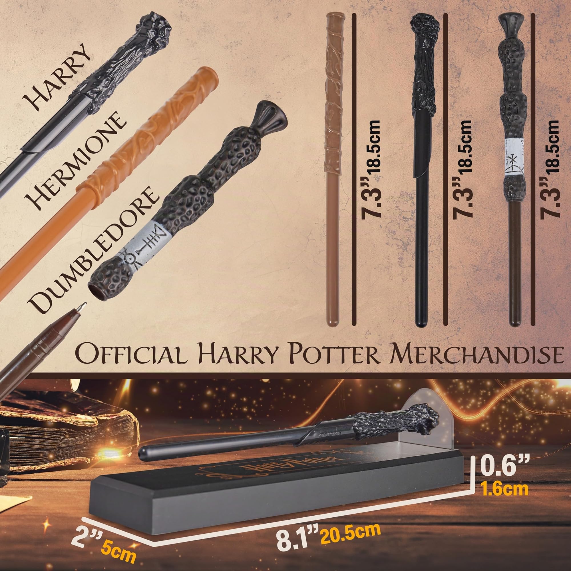 Harry Potter Levitazione Penna Bacchetta, 3 Pacco Magico Inchiostro Nero Penna a Sfera con Supporto Magnetico, Dumbledore Hermione Regalo Hogwarts (Multi 3 Pz)