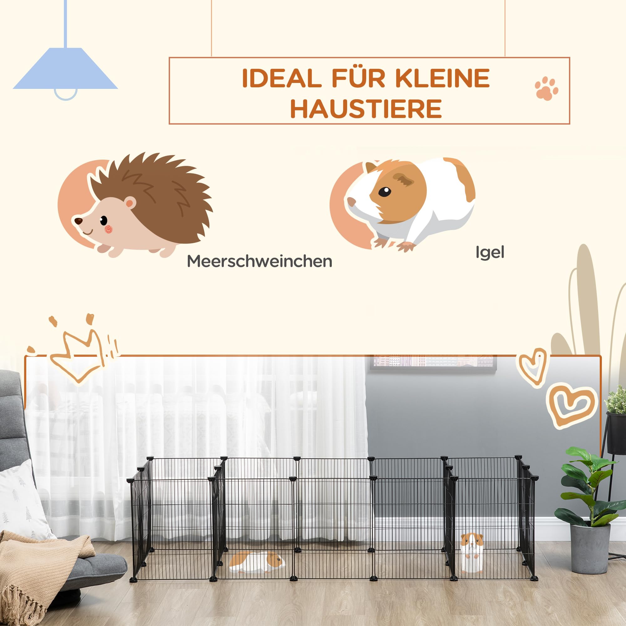 PawHut Freigehege Meerschweinchen Gehege, Kleintiergehege, Freilaufgehege mit 18 Platten, DIY Kleintierkäfig aus Stahlgitter, für Indoor, Outdoor, 175 x 70 x 45 cm, Schwarz