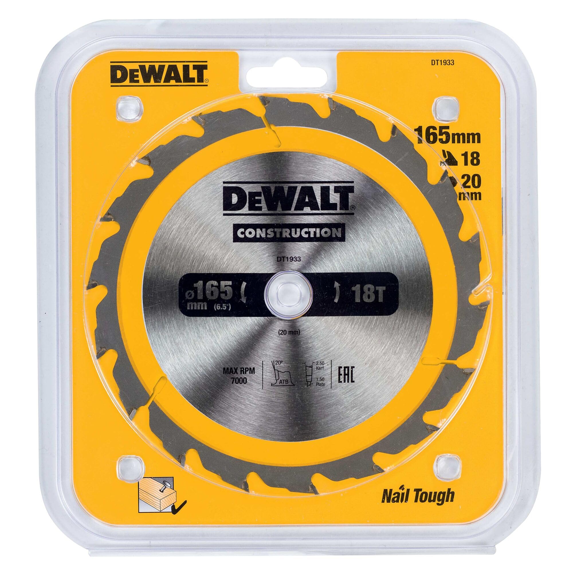 Hoja De Sierra Circular DeWALT DT1933, 165mm X 20mm, 18 Dientes TCT, Ideal Para Madera