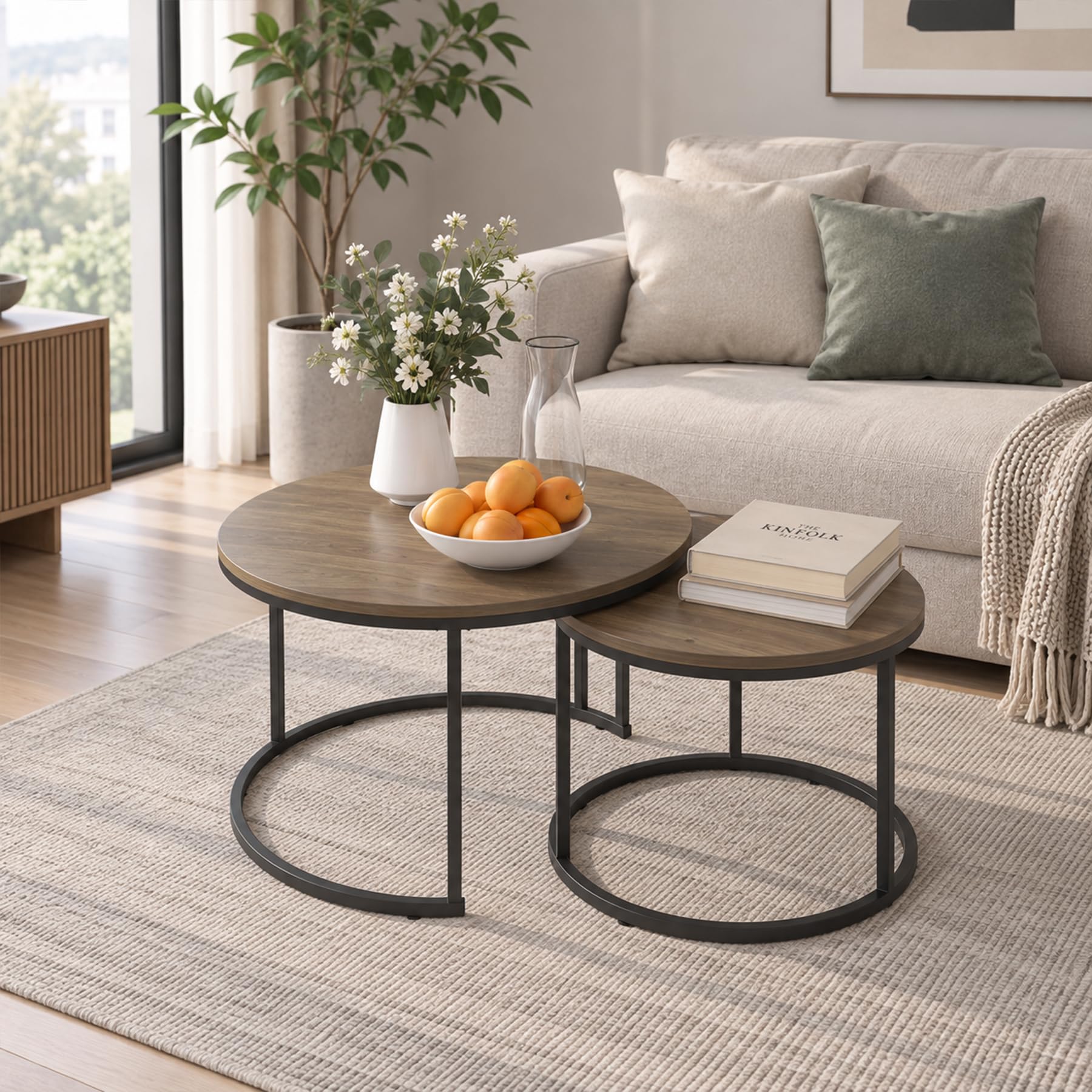 Nesting Coffee Table Set of 2, 27.6 inch Round Side Tables Coffee Table with Wood Marble Pattern Top Sturdy Metal Frame, End Table for Living Room Bedroom Balcony Yard (Brown 2)