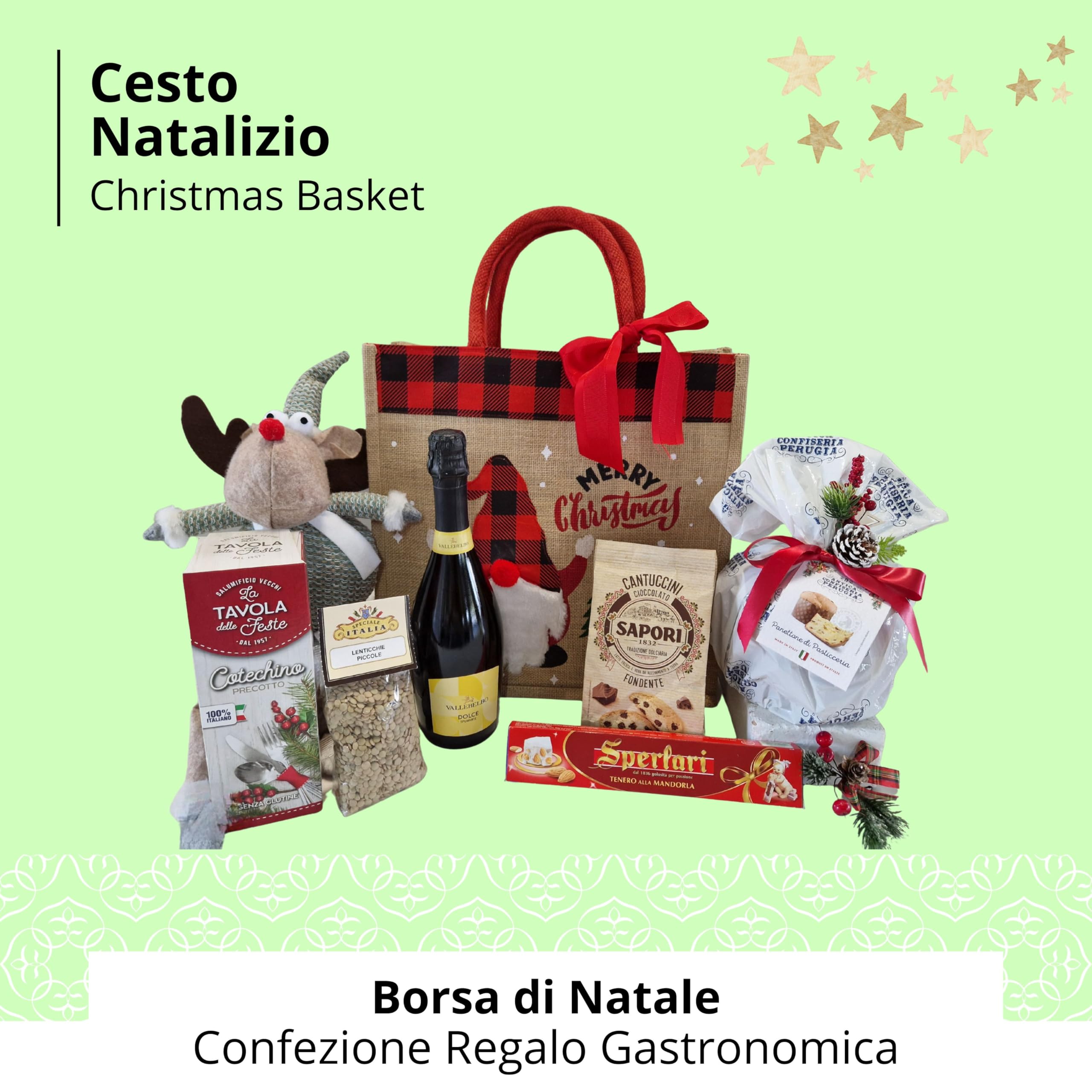 Cesti Natalizi Speciale Italia – Confezione Regalo Alimentare Borsa di Natale, Cesto Natalizio con Panettone da 500g, Spumante e Prodotti Dolciari, 8 pezzi