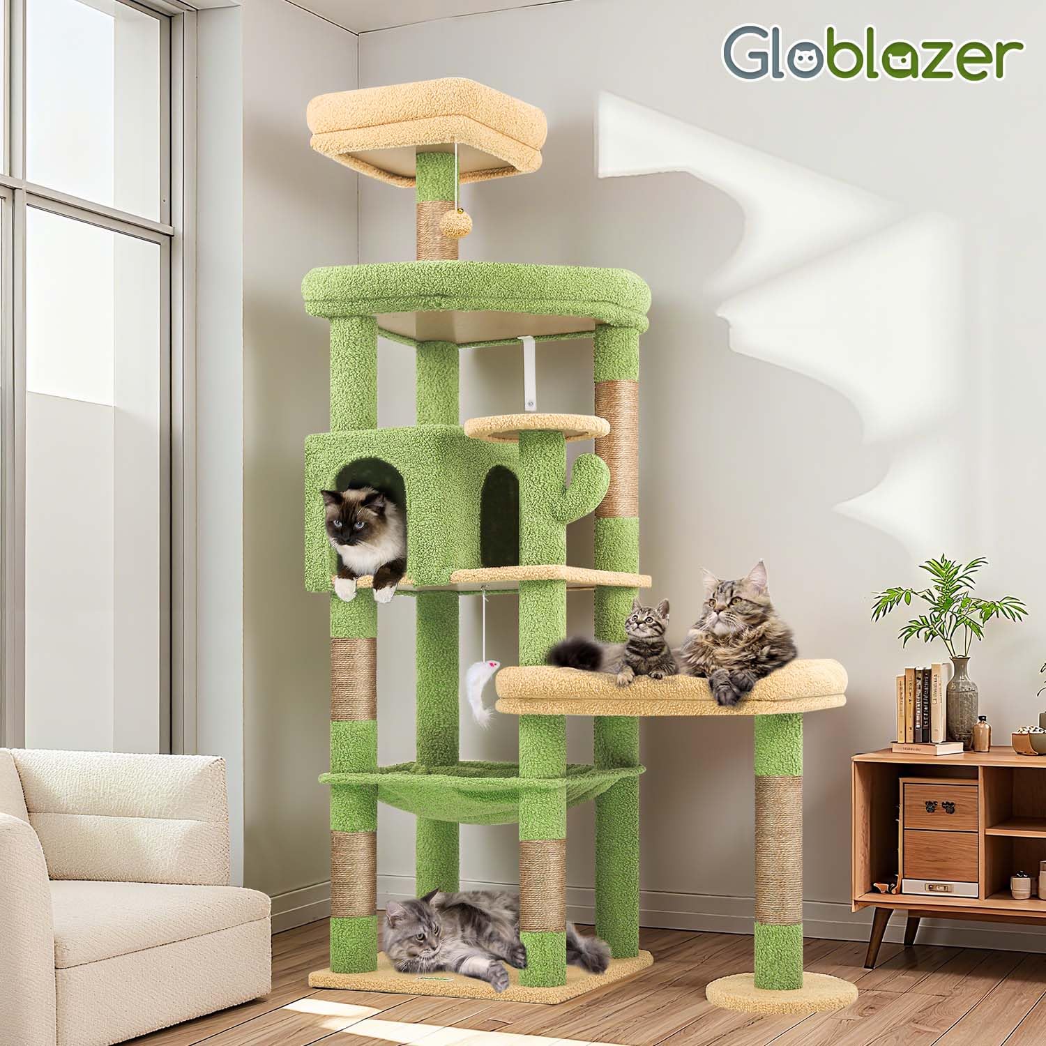 Globlazer Tiragraffi Cactus Verde per Gatti Grandi Alto 165cm con 2 Grandi Imbottiti Piattaforma 48*42CM, Extralarge Amaca, Grotte, Trespoli, Albero Torre Stabile con Supporto per Gatto (S65, Verde)