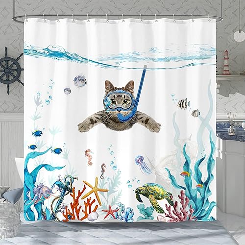 Miniatura 9 de Fowocu Cortina de ducha de 84 pulgadas con diseño de tortuga marina, impermeable, tela impermeable para baño, con divertidos animales, pulpo,