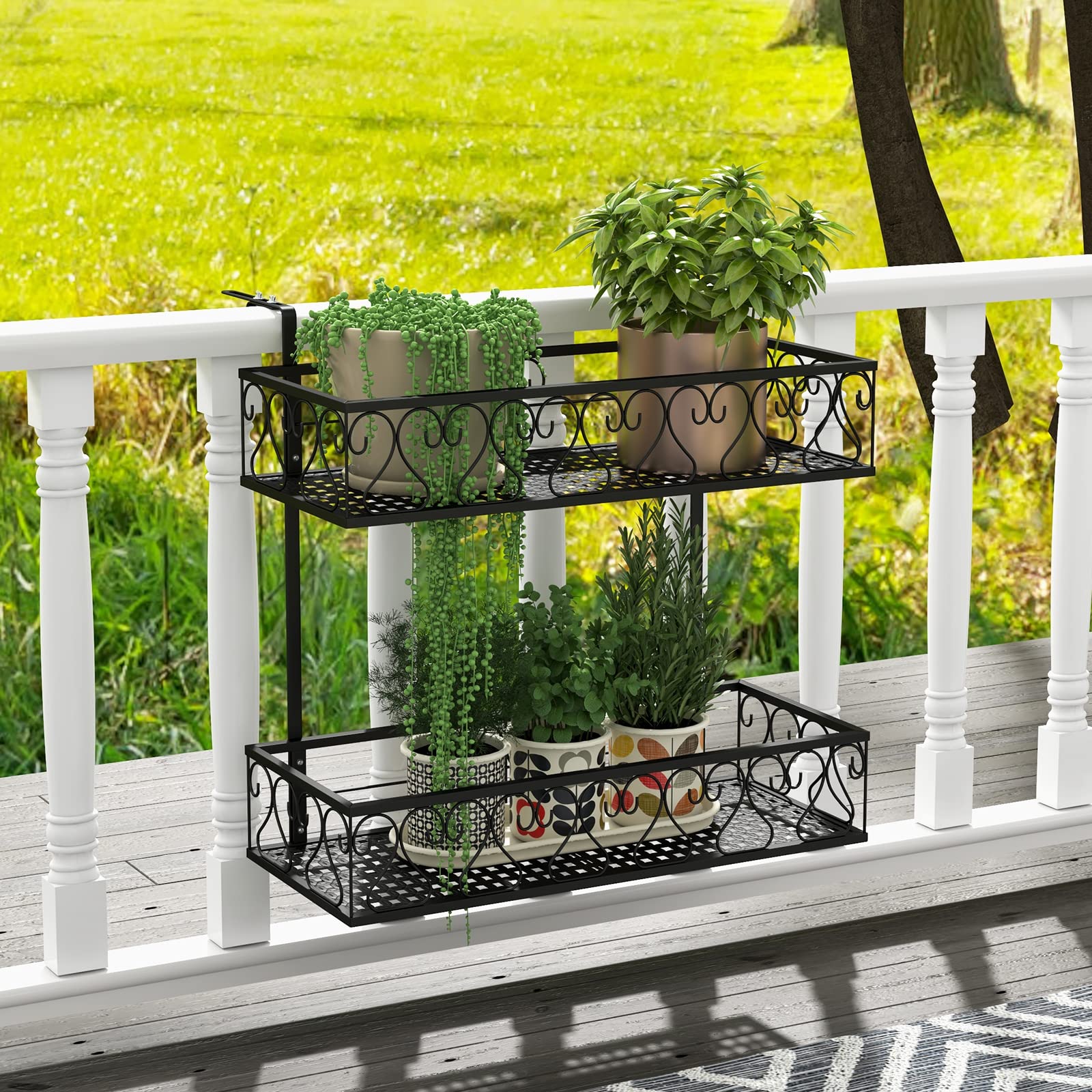 GOPLUS 2-poziomowy wiszący regał na kwiaty, kosz na balustradę balkonową, metalowy z regulowanymi haczykami, uchwyt na doniczki, pojemnik na rośliny doniczkowe na balkon i werandę