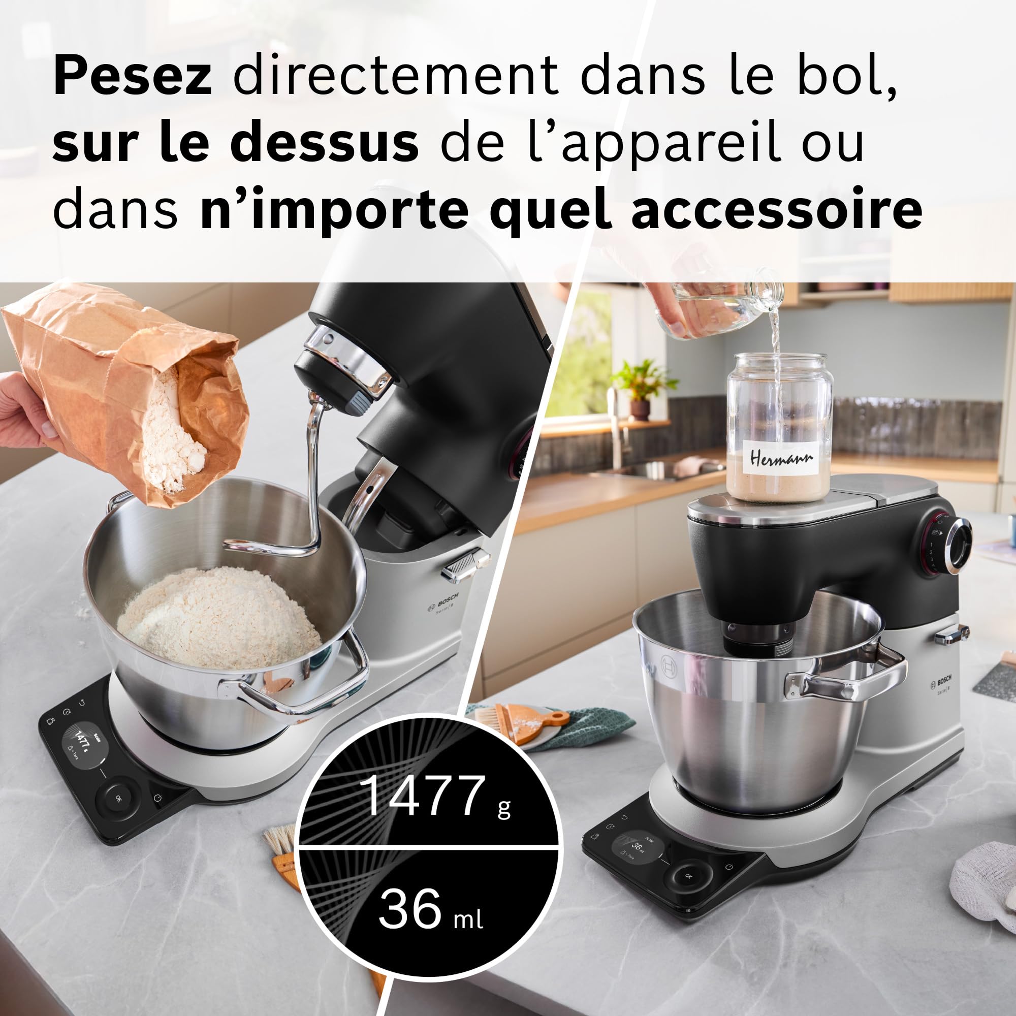 Bosch Robot pâtissier Série 8, avec balance intégrée, moteur 1800 W refroidi par air, mélange homogène 3D, set pâtisserie, bol 6,0 L, bol supplémentaire 5,3 L, châssis en métal noir/argent, MUMS8ZS18